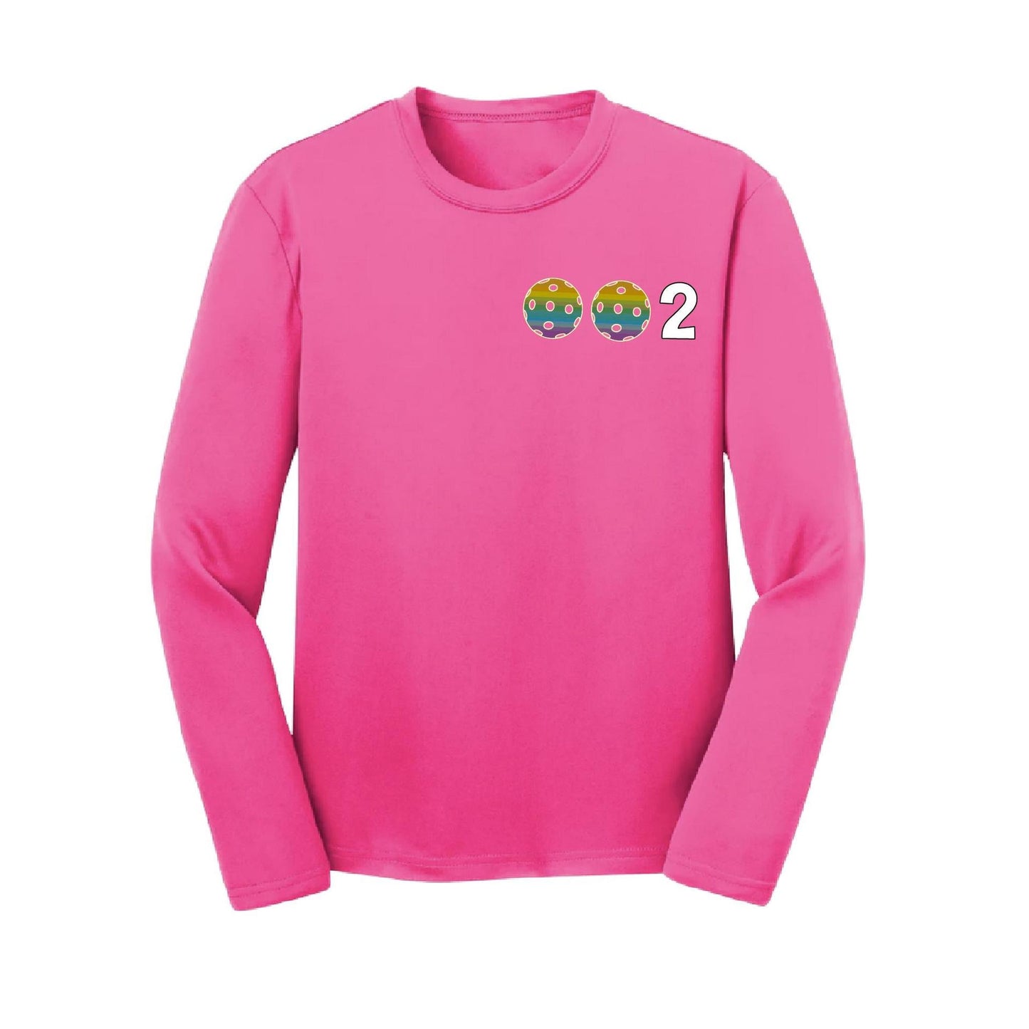 002 Pickleball (Colors Purple Rainbow Pink) | Youth Long Sleeve Pickleball Performance T-Shirts | 100% Polyester