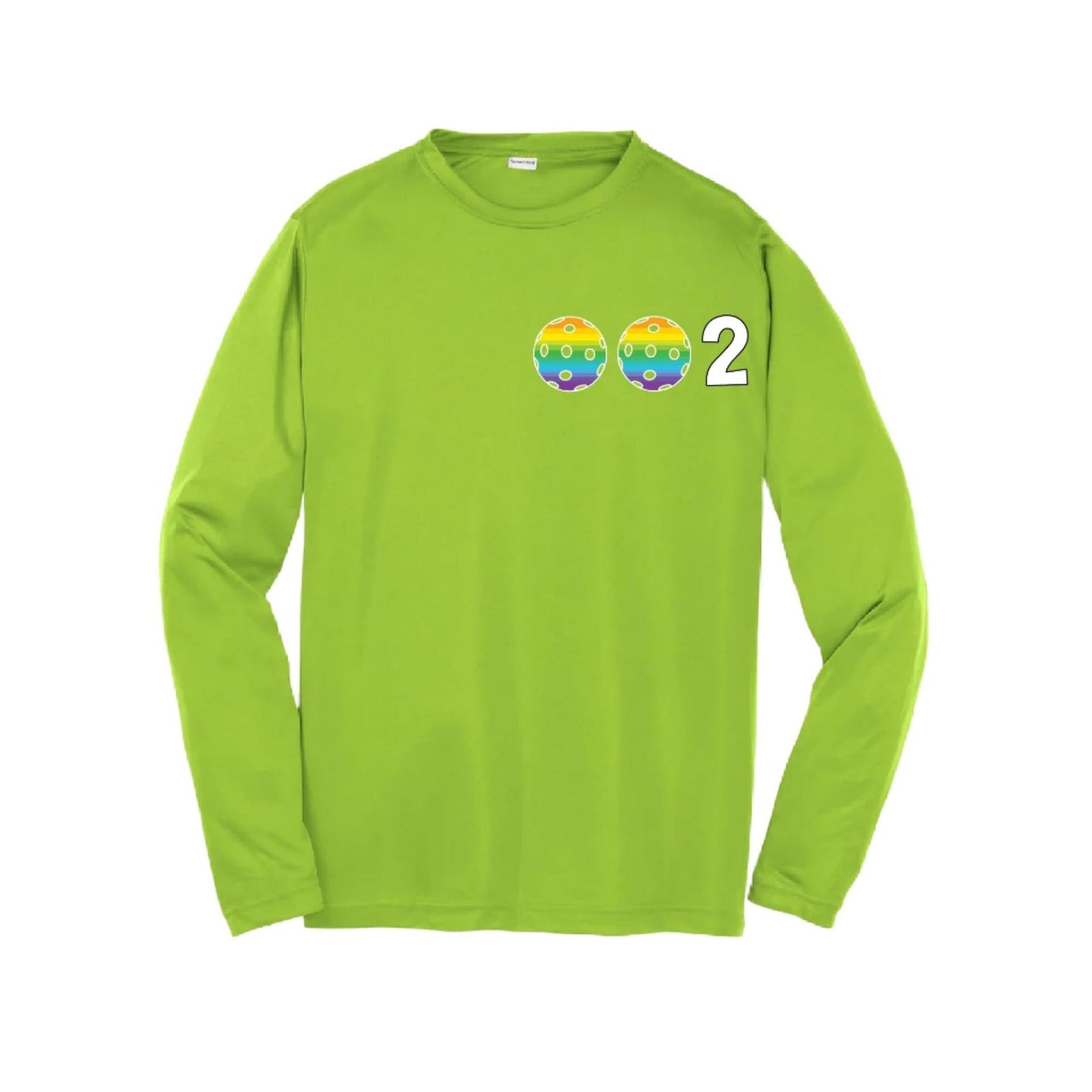 002 Pickleball (Colors Purple Rainbow Pink) | Youth Long Sleeve Pickleball Performance T-Shirts | 100% Polyester