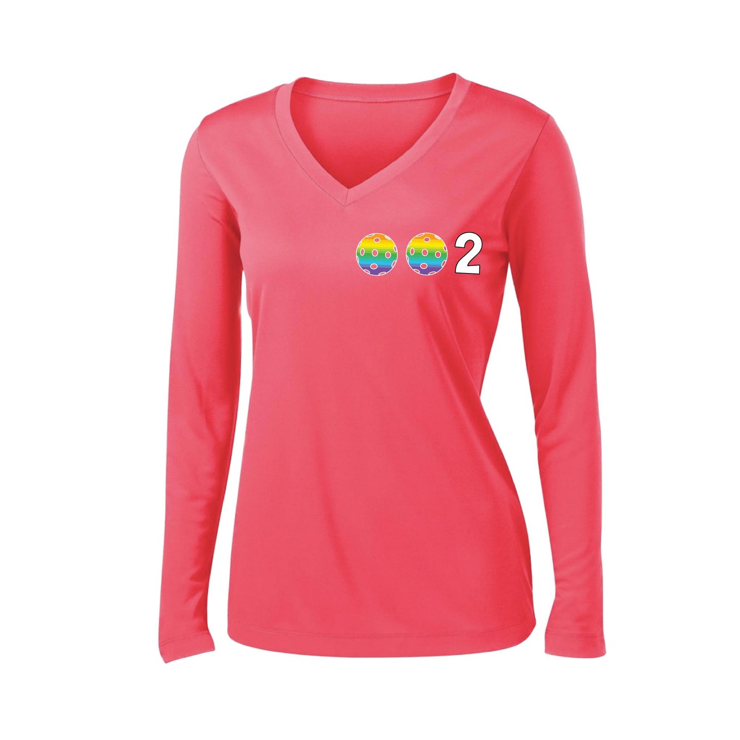 002 With Pickleballs (Colors Cyan Purple Rainbow) Customizable | Women's Long Sleeve V-Neck Pickleball Performance T-Shirts | 100% Polyester