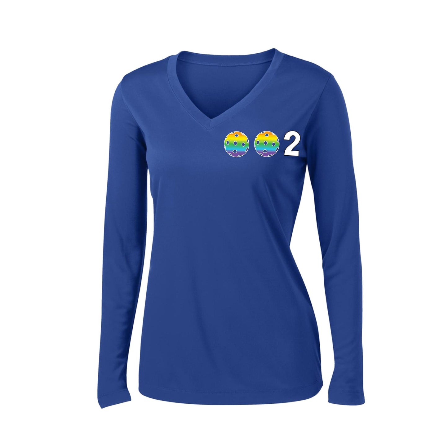 002 With Pickleballs (Colors Cyan Purple Rainbow) Customizable | Women's Long Sleeve V-Neck Pickleball Performance T-Shirts | 100% Polyester
