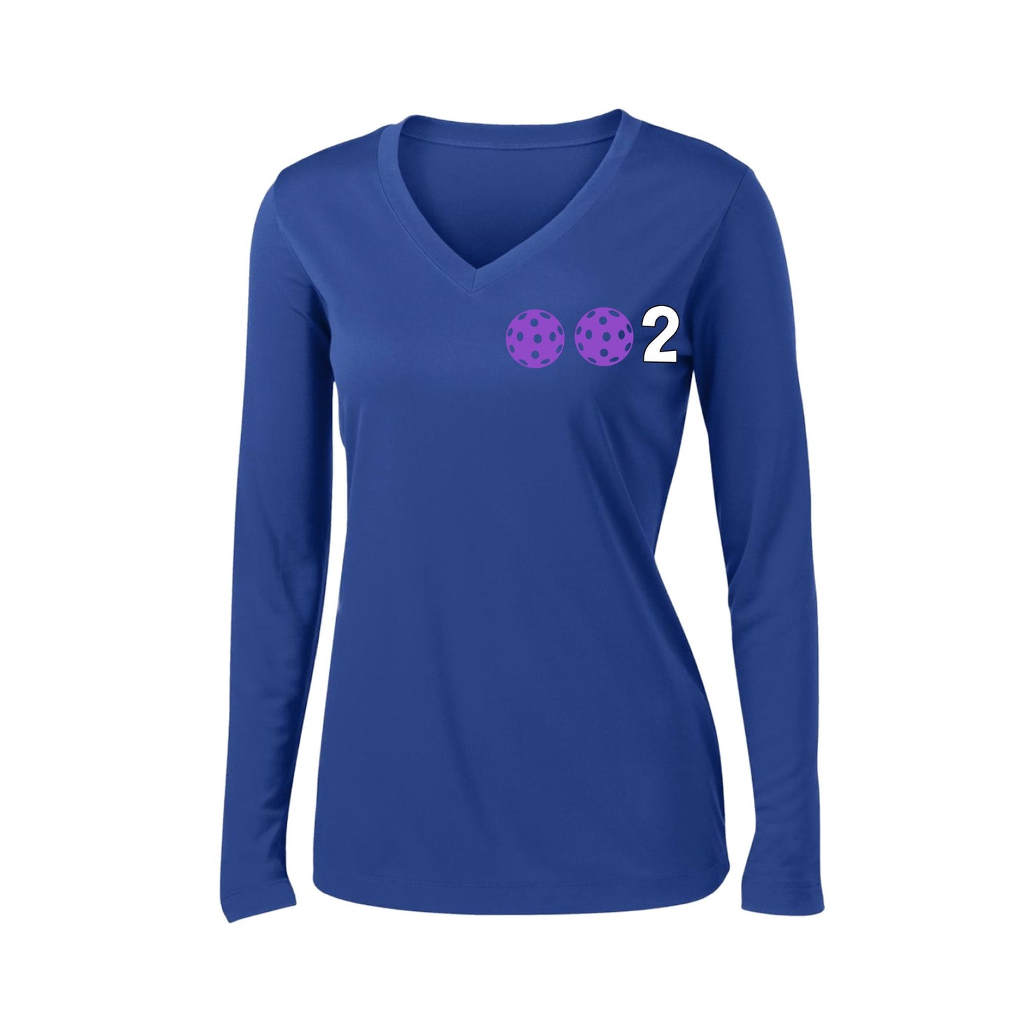 002 With Pickleballs (Colors Cyan Purple Rainbow) Customizable | Women's Long Sleeve V-Neck Pickleball Performance T-Shirts | 100% Polyester