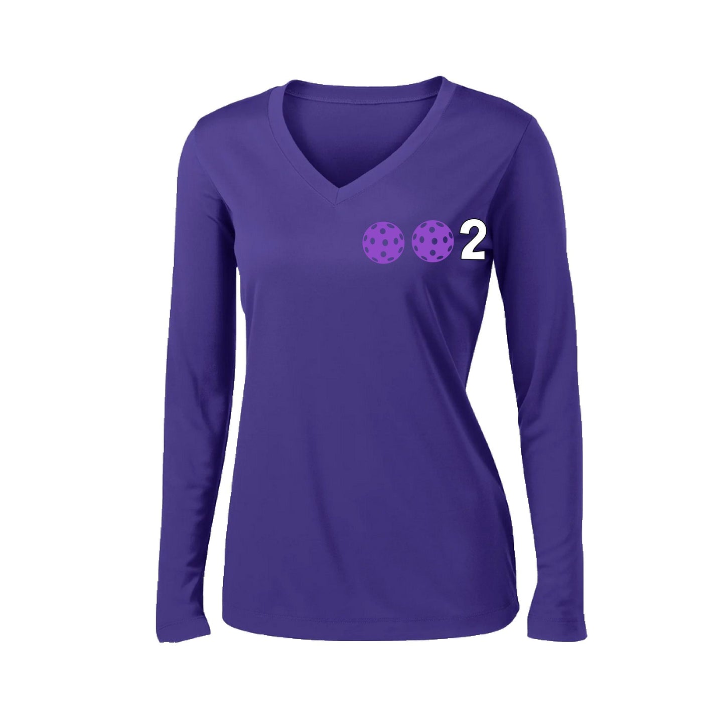002 With Pickleballs (Colors Cyan Purple Rainbow) Customizable | Women's Long Sleeve V-Neck Pickleball Performance T-Shirts | 100% Polyester
