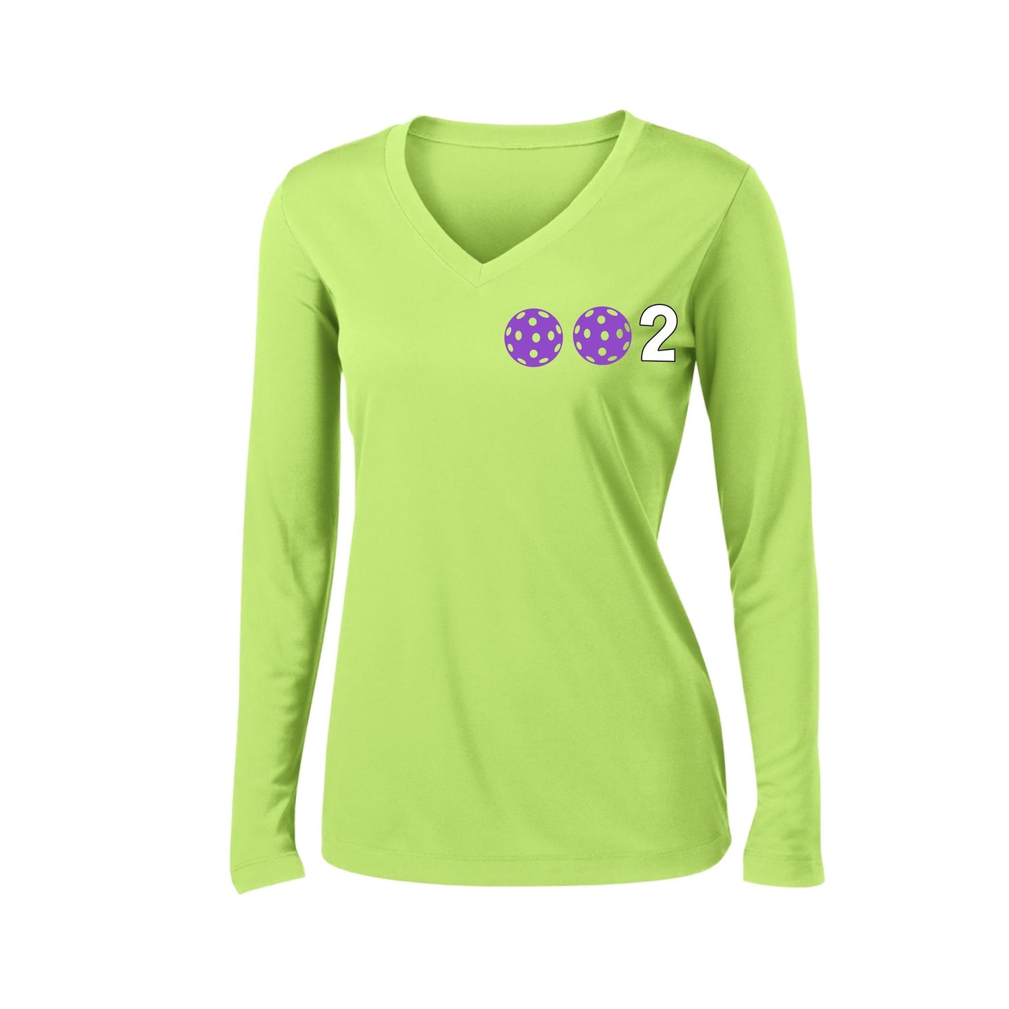 002 With Pickleballs (Colors Cyan Purple Rainbow) Customizable | Women's Long Sleeve V-Neck Pickleball Performance T-Shirts | 100% Polyester