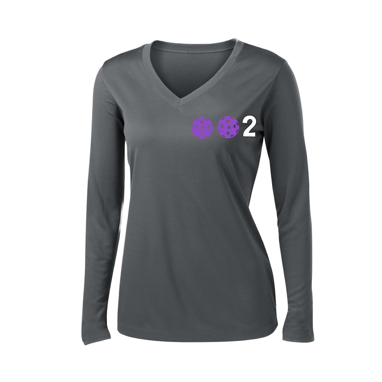 002 With Pickleballs (Colors Cyan Purple Rainbow) Customizable | Women's Long Sleeve V-Neck Pickleball Performance T-Shirts | 100% Polyester