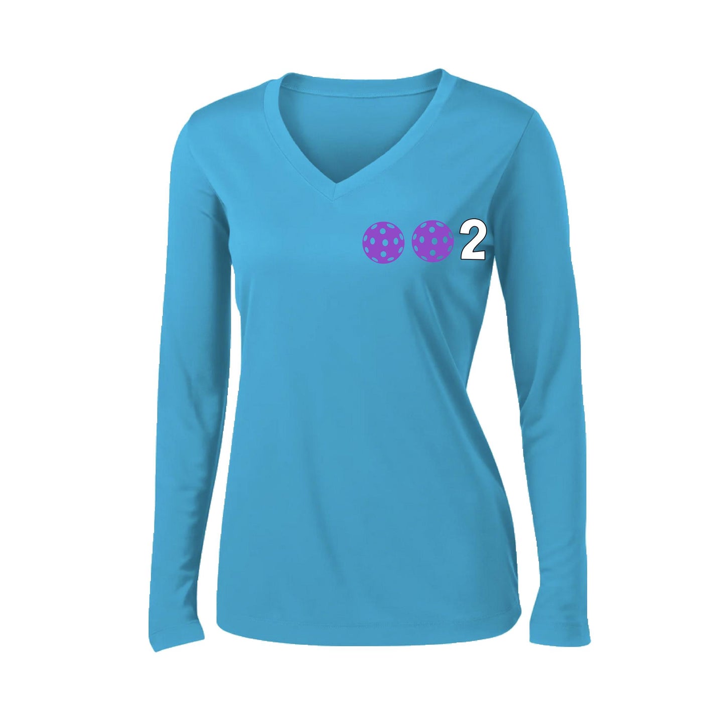 002 With Pickleballs (Colors Cyan Purple Rainbow) Customizable | Women's Long Sleeve V-Neck Pickleball Performance T-Shirts | 100% Polyester