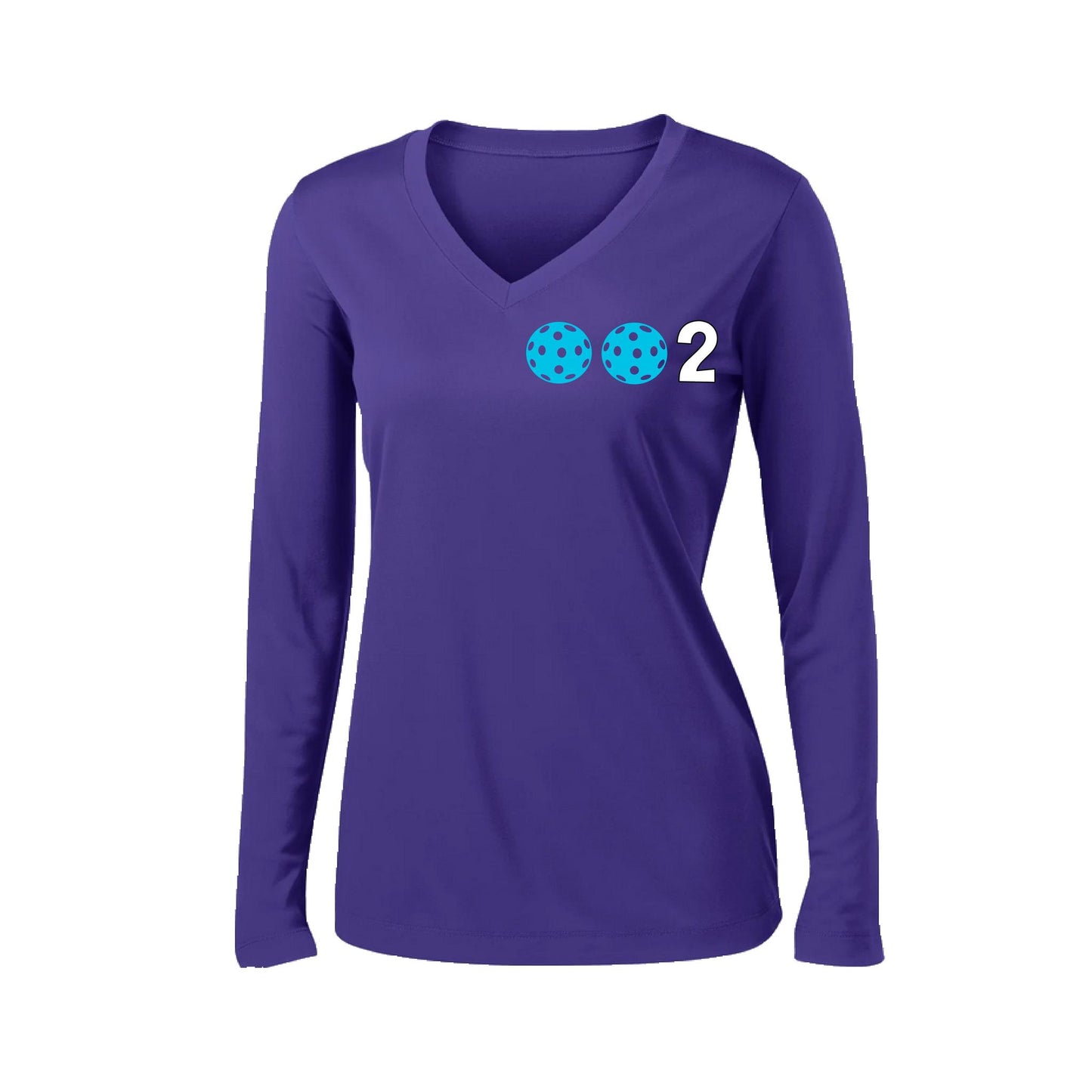 002 With Pickleballs (Colors Cyan Purple Rainbow) Customizable | Women's Long Sleeve V-Neck Pickleball Performance T-Shirts | 100% Polyester