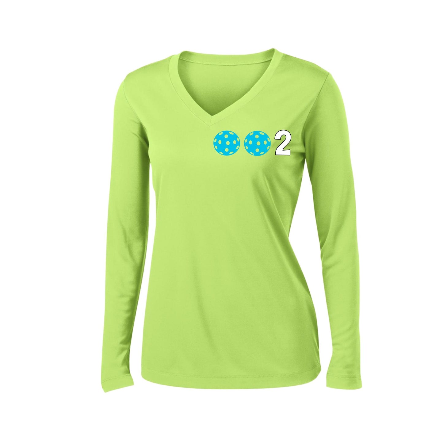 002 With Pickleballs (Colors Cyan Purple Rainbow) Customizable | Women's Long Sleeve V-Neck Pickleball Performance T-Shirts | 100% Polyester