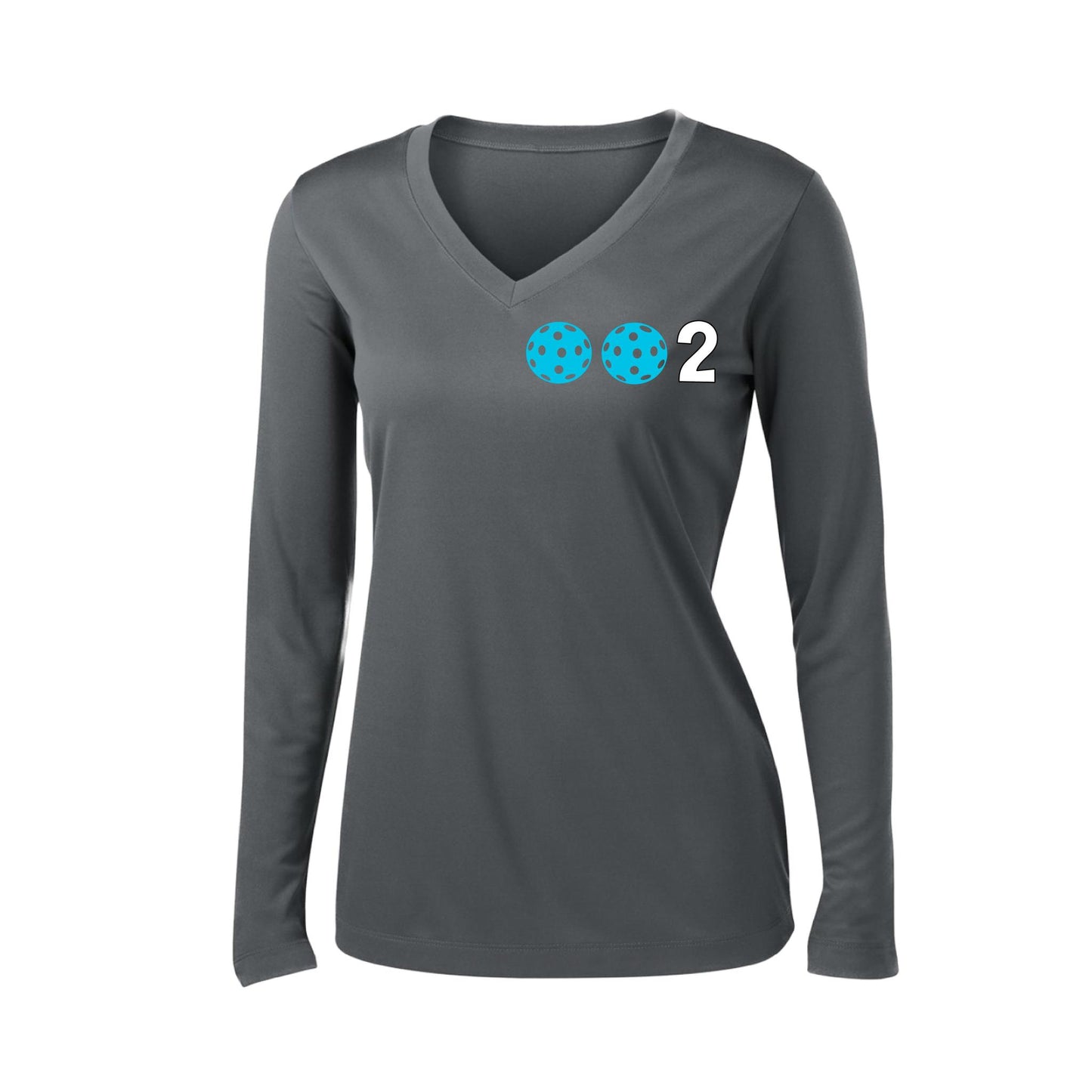 002 With Pickleballs (Colors Cyan Purple Rainbow) Customizable | Women's Long Sleeve V-Neck Pickleball Performance T-Shirts | 100% Polyester