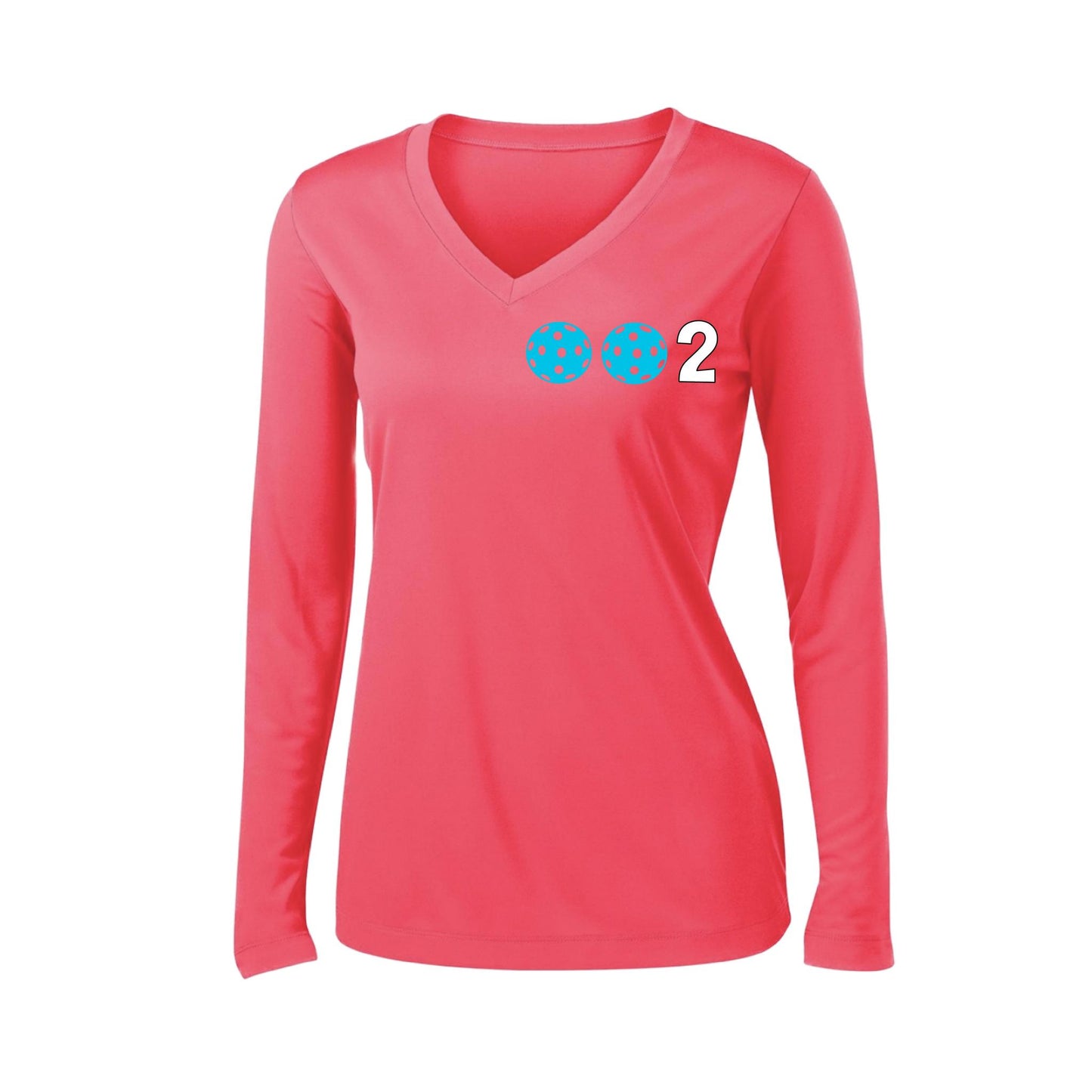 002 With Pickleballs (Colors Cyan Purple Rainbow) Customizable | Women's Long Sleeve V-Neck Pickleball Performance T-Shirts | 100% Polyester