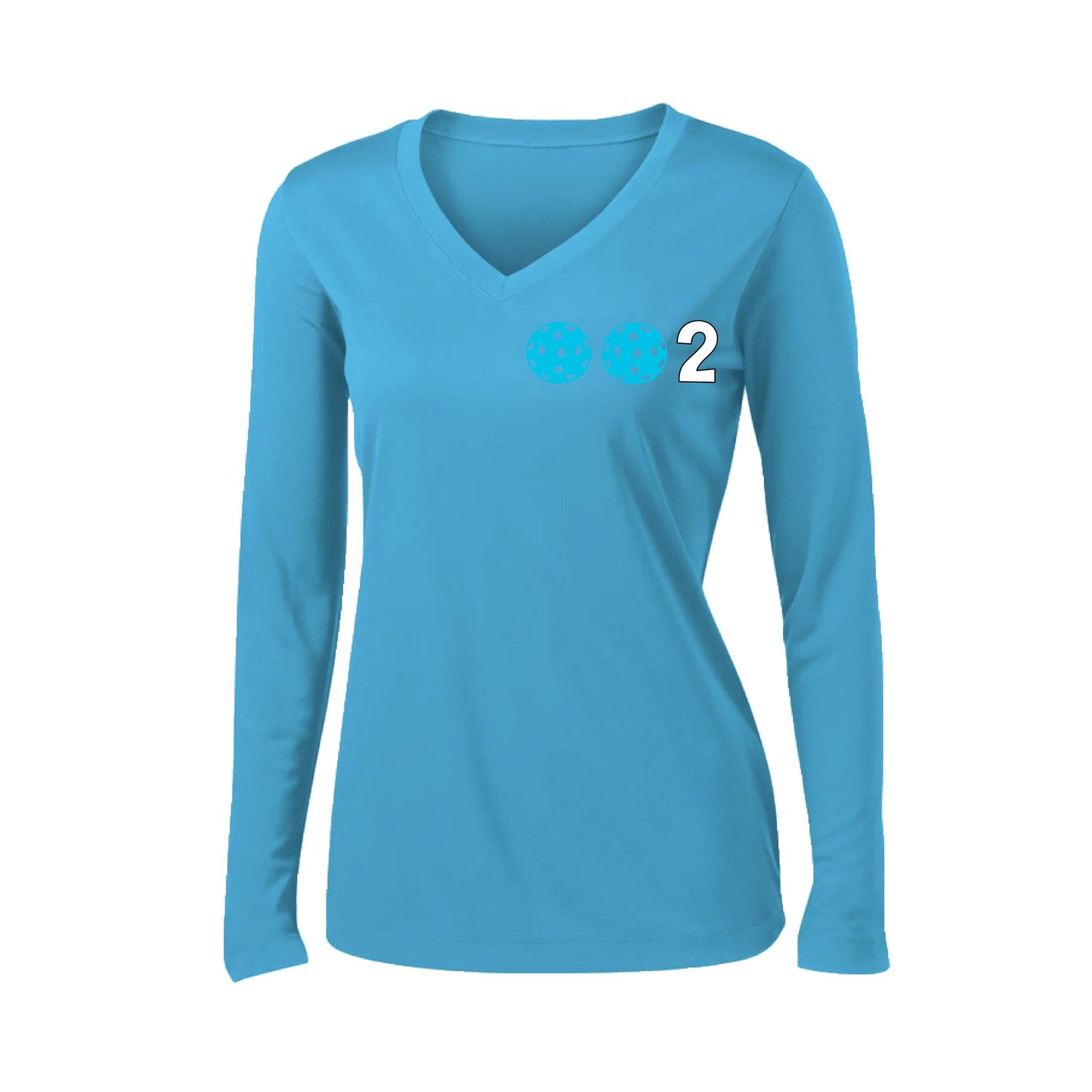 002 With Pickleballs (Colors Cyan Purple Rainbow) Customizable | Women's Long Sleeve V-Neck Pickleball Performance T-Shirts | 100% Polyester