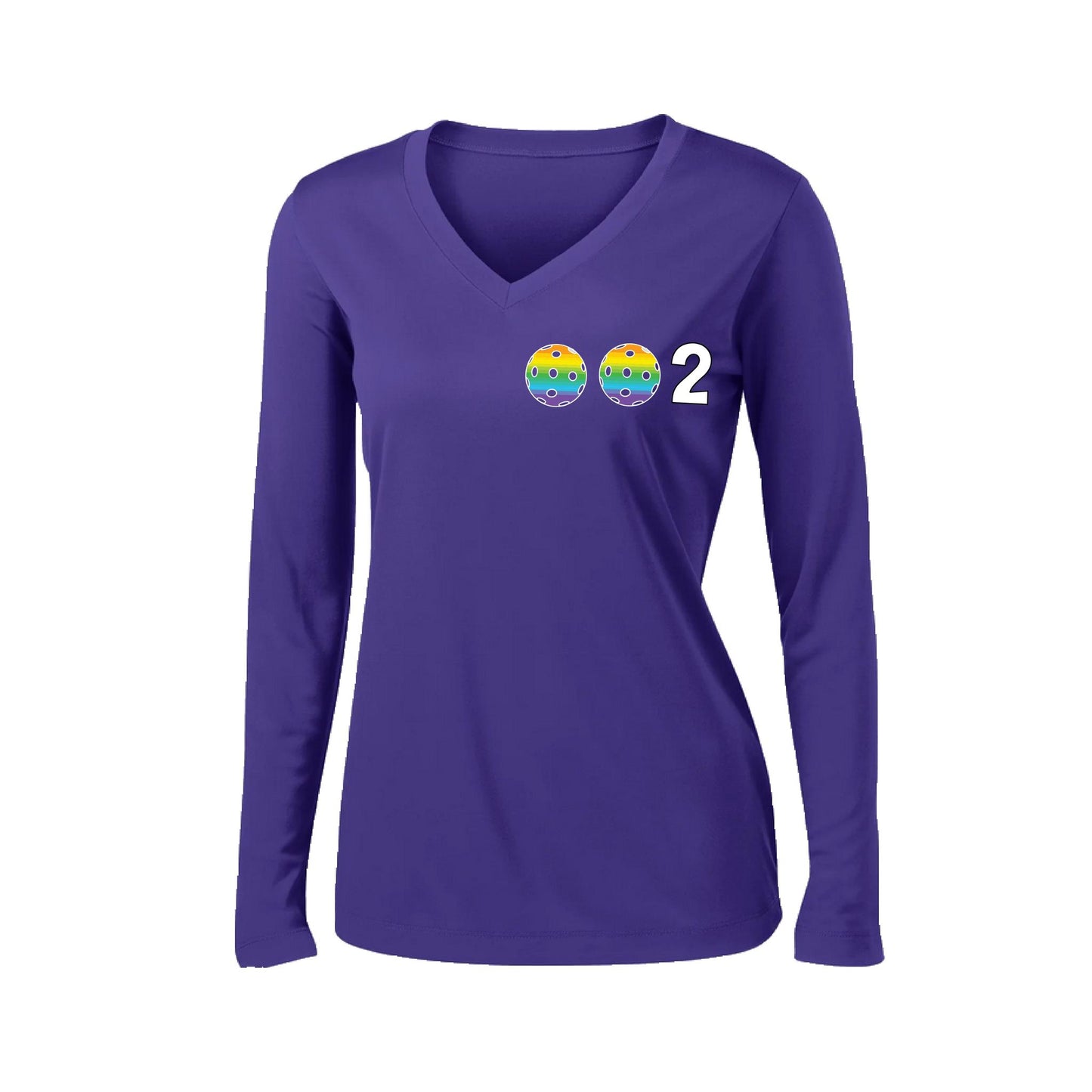 002 With Pickleballs (Colors Cyan Purple Rainbow) Customizable | Women's Long Sleeve V-Neck Pickleball Performance T-Shirts | 100% Polyester