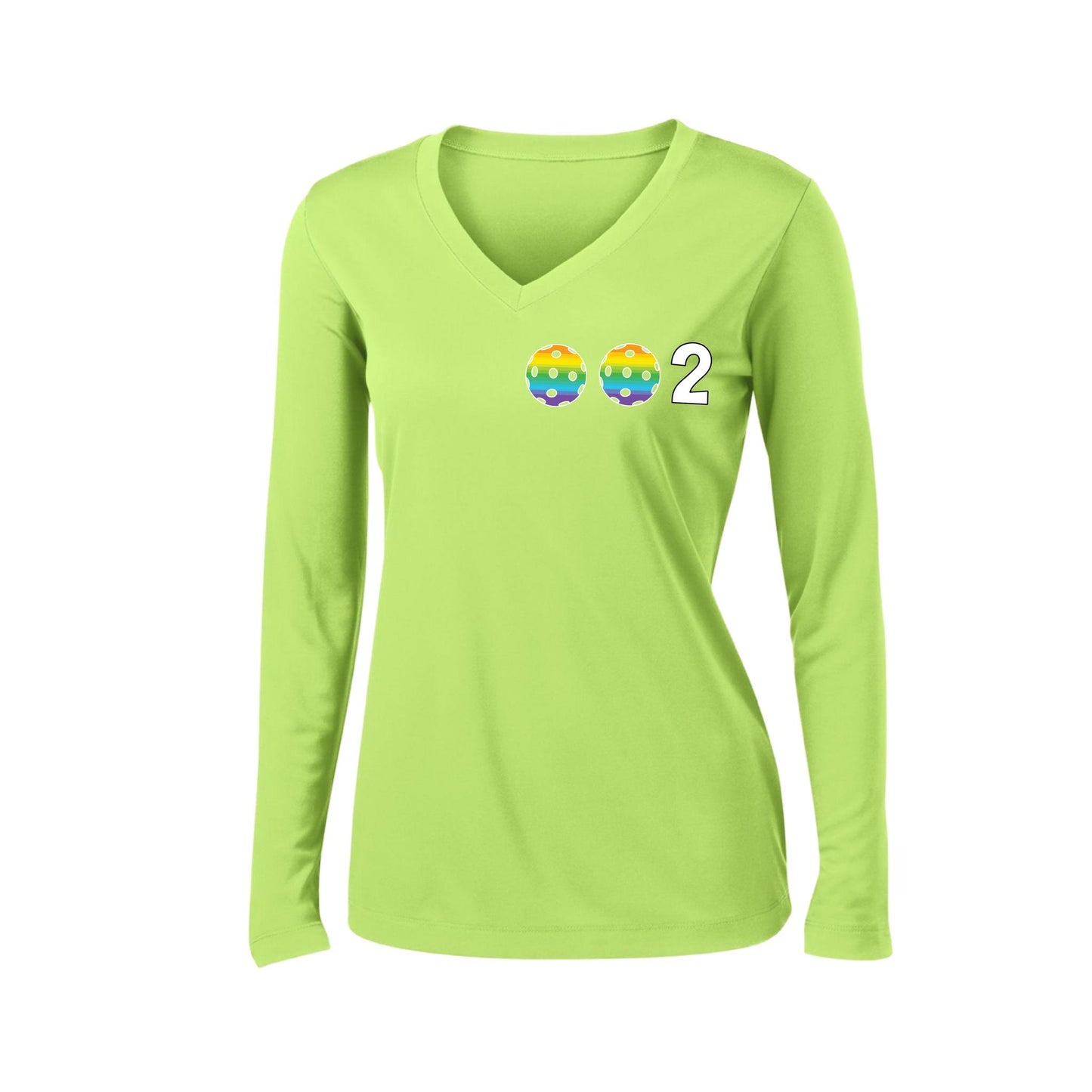 002 With Pickleballs (Colors Cyan Purple Rainbow) Customizable | Women's Long Sleeve V-Neck Pickleball Performance T-Shirts | 100% Polyester