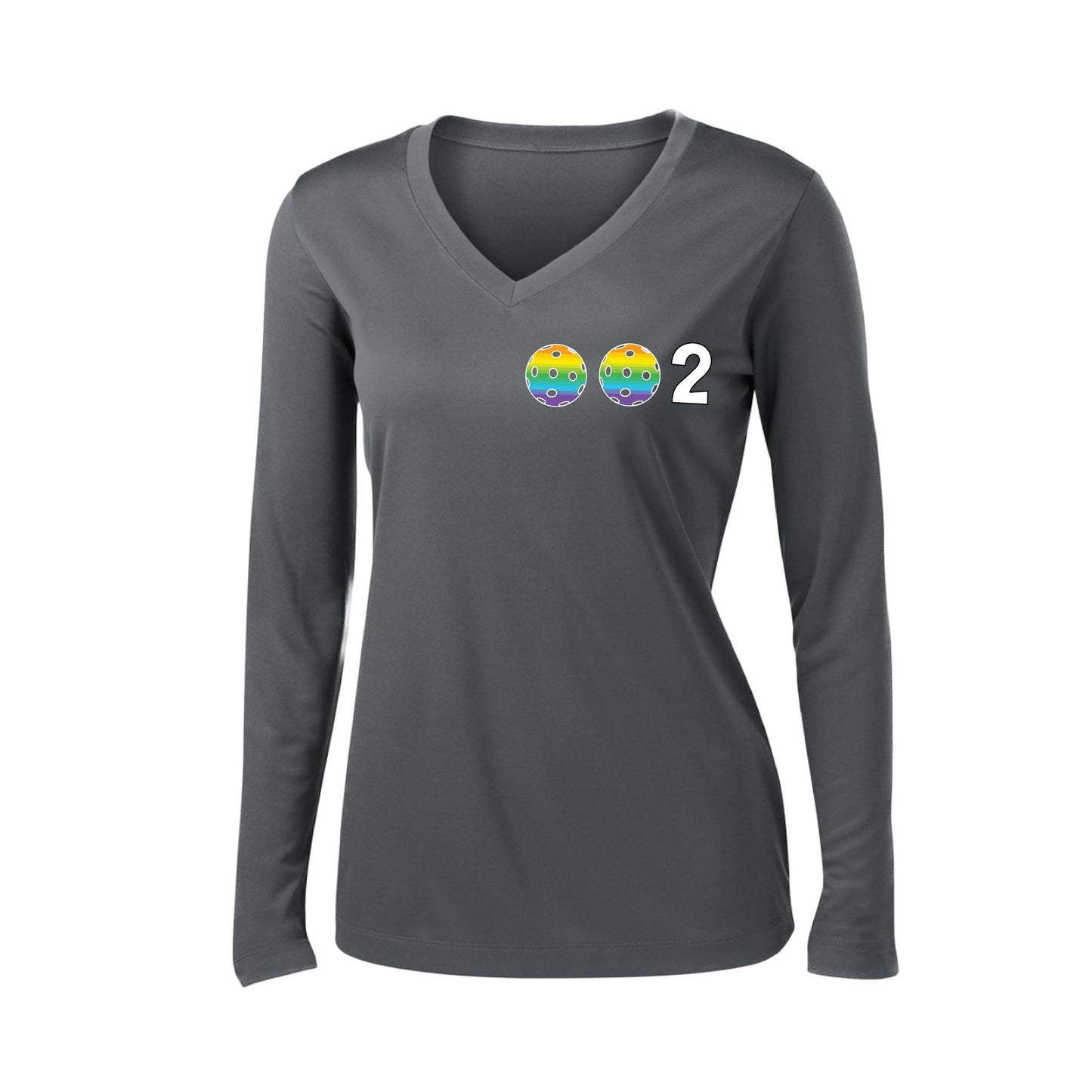 002 With Pickleballs (Colors Cyan Purple Rainbow) Customizable | Women's Long Sleeve V-Neck Pickleball Performance T-Shirts | 100% Polyester