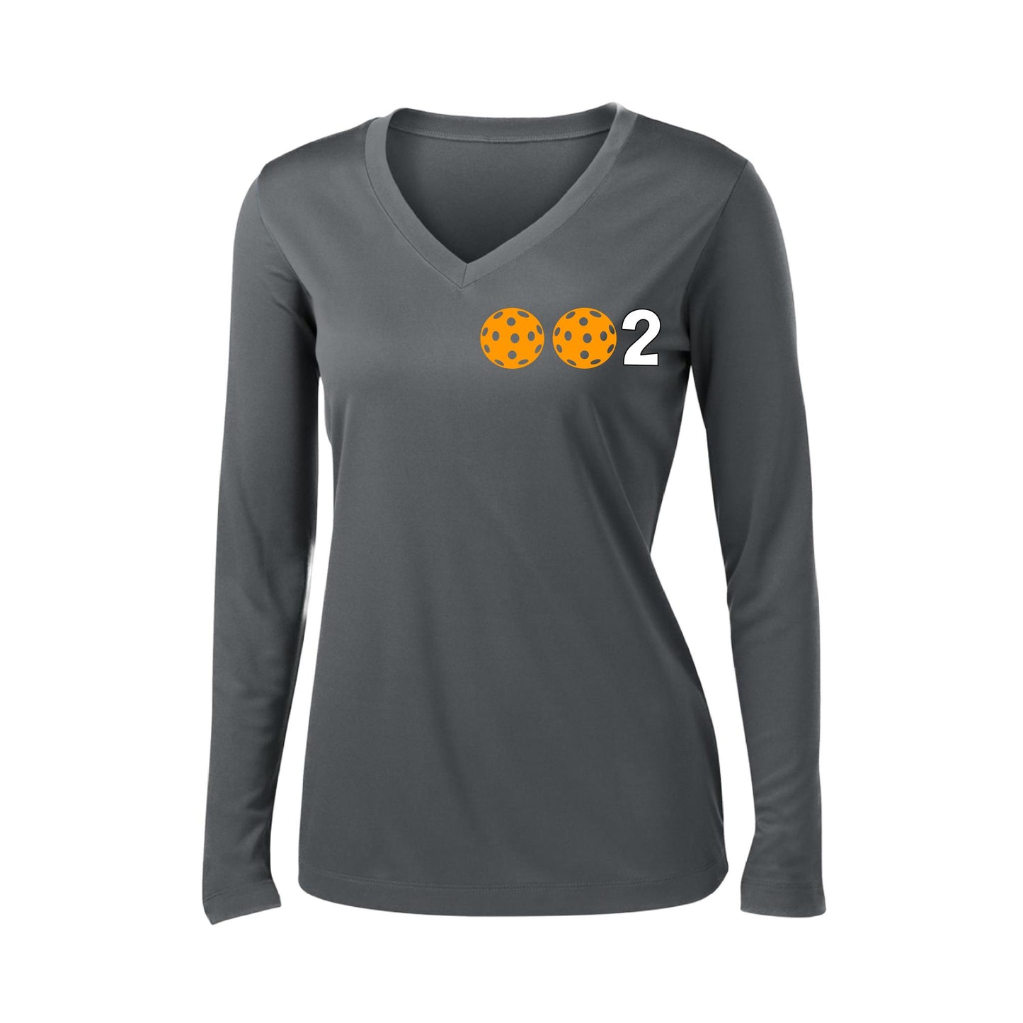 002 With Pickleballs (Colors Green Orange Red) Customizable | Women's Long Sleeve V-Neck Pickleball Performance T-Shirts | 100% Polyester