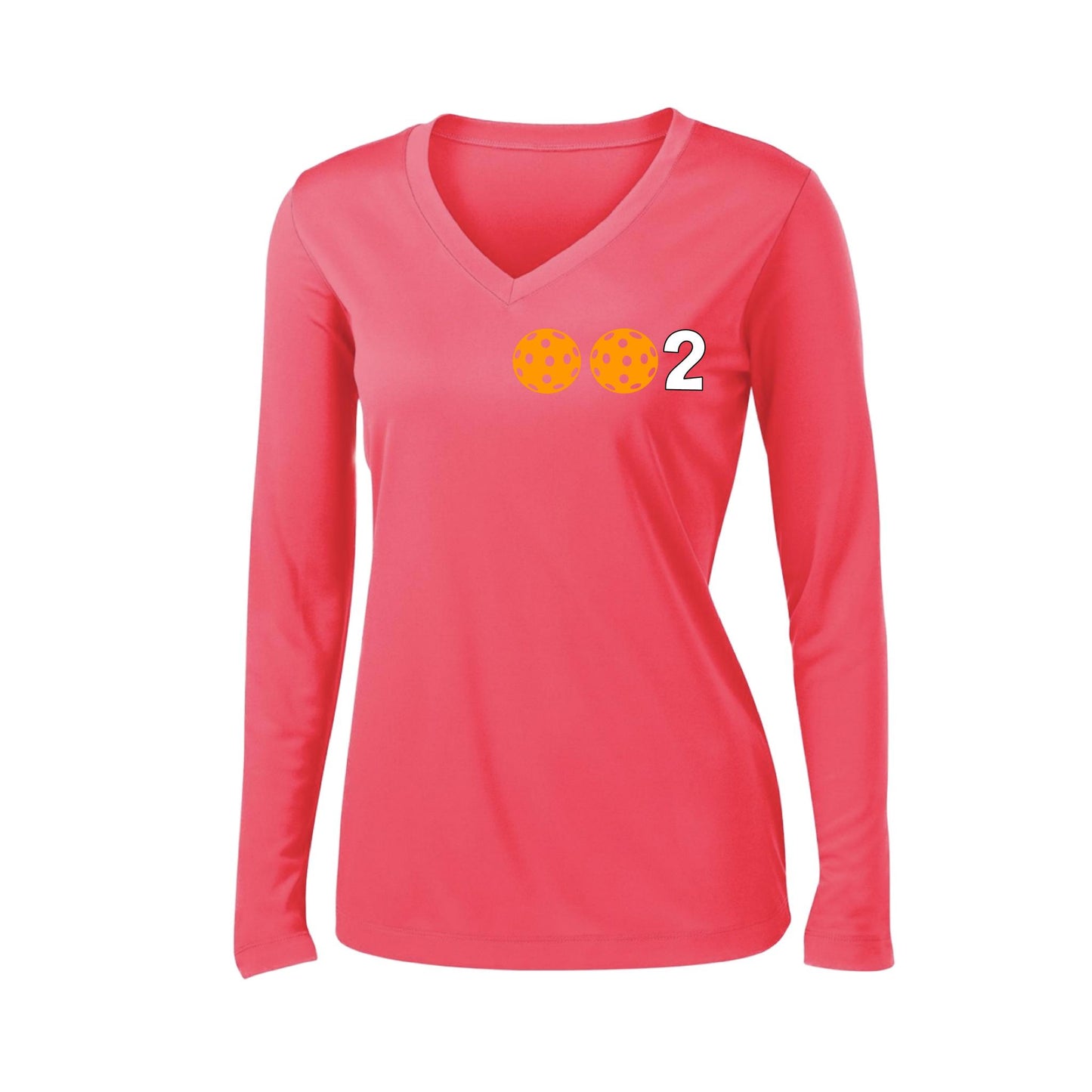 002 With Pickleballs (Colors Green Orange Red) Customizable | Women's Long Sleeve V-Neck Pickleball Performance T-Shirts | 100% Polyester