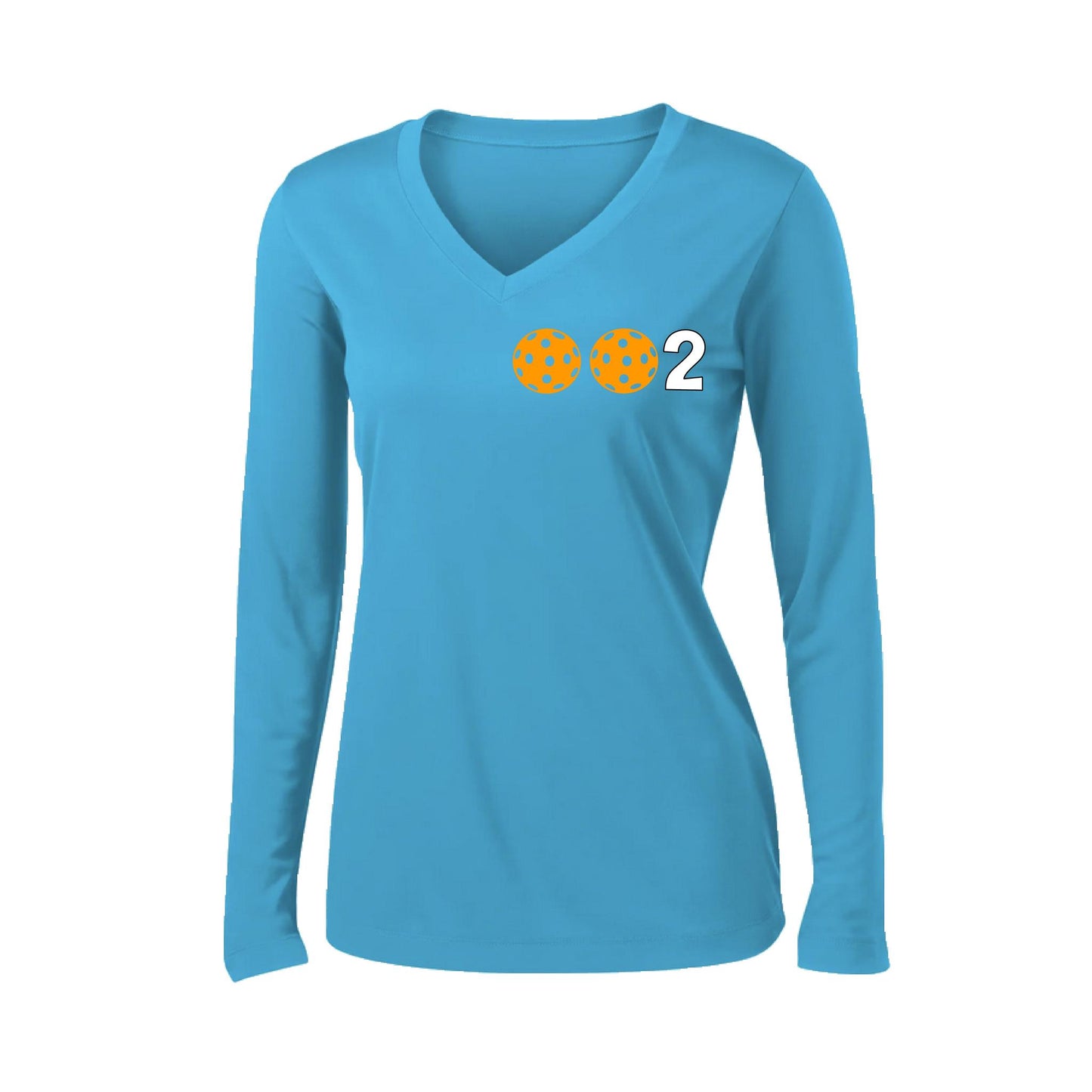 002 With Pickleballs (Colors Green Orange Red) Customizable | Women's Long Sleeve V-Neck Pickleball Performance T-Shirts | 100% Polyester