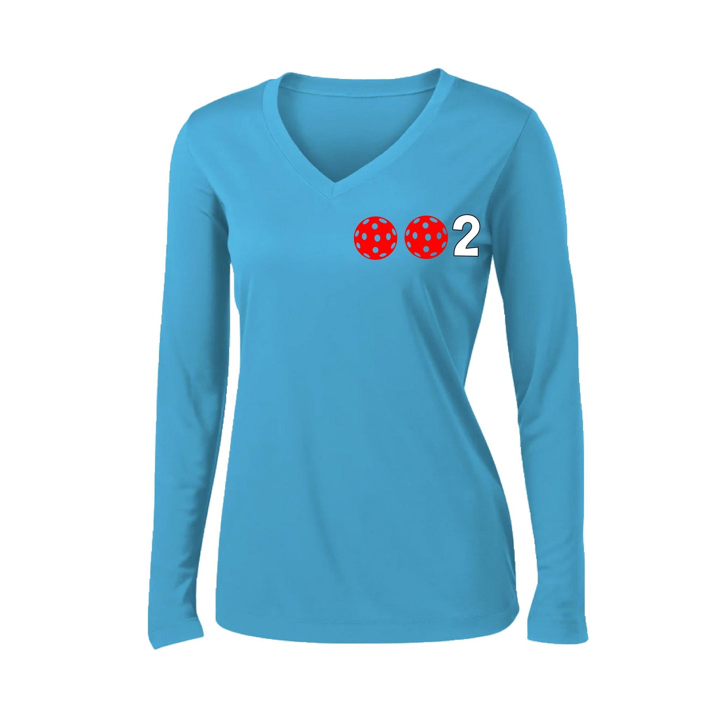 002 With Pickleballs (Colors Green Orange Red) Customizable | Women's Long Sleeve V-Neck Pickleball Performance T-Shirts | 100% Polyester