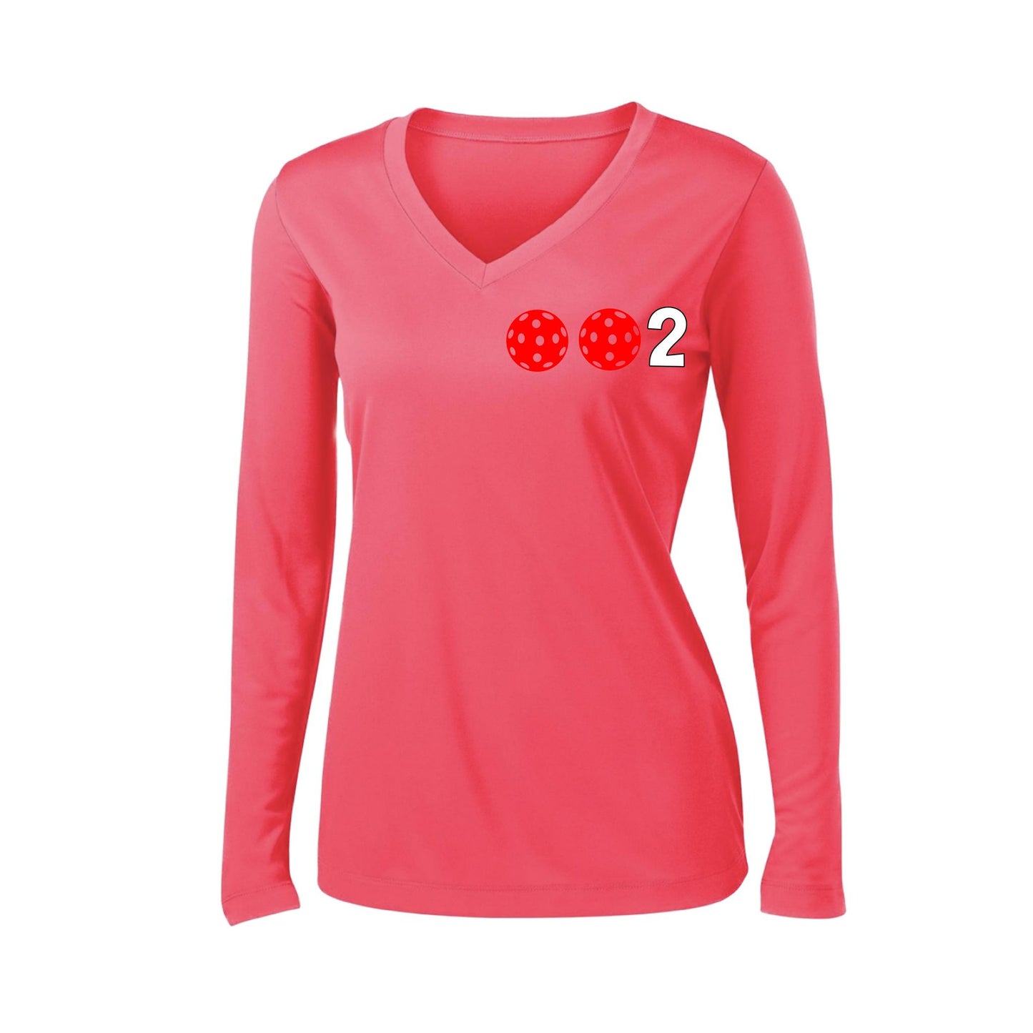 002 With Pickleballs (Colors Green Orange Red) Customizable | Women's Long Sleeve V-Neck Pickleball Performance T-Shirts | 100% Polyester