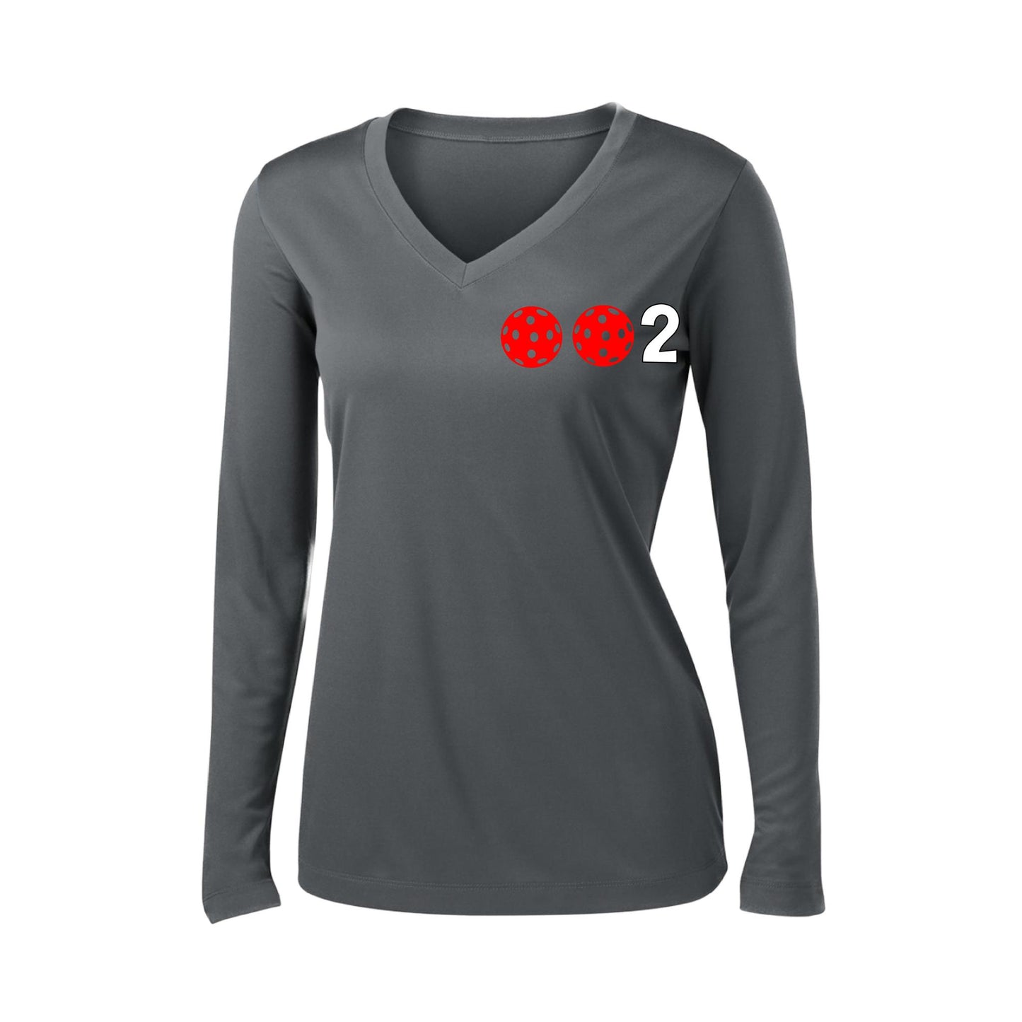 002 With Pickleballs (Colors Green Orange Red) Customizable | Women's Long Sleeve V-Neck Pickleball Performance T-Shirts | 100% Polyester