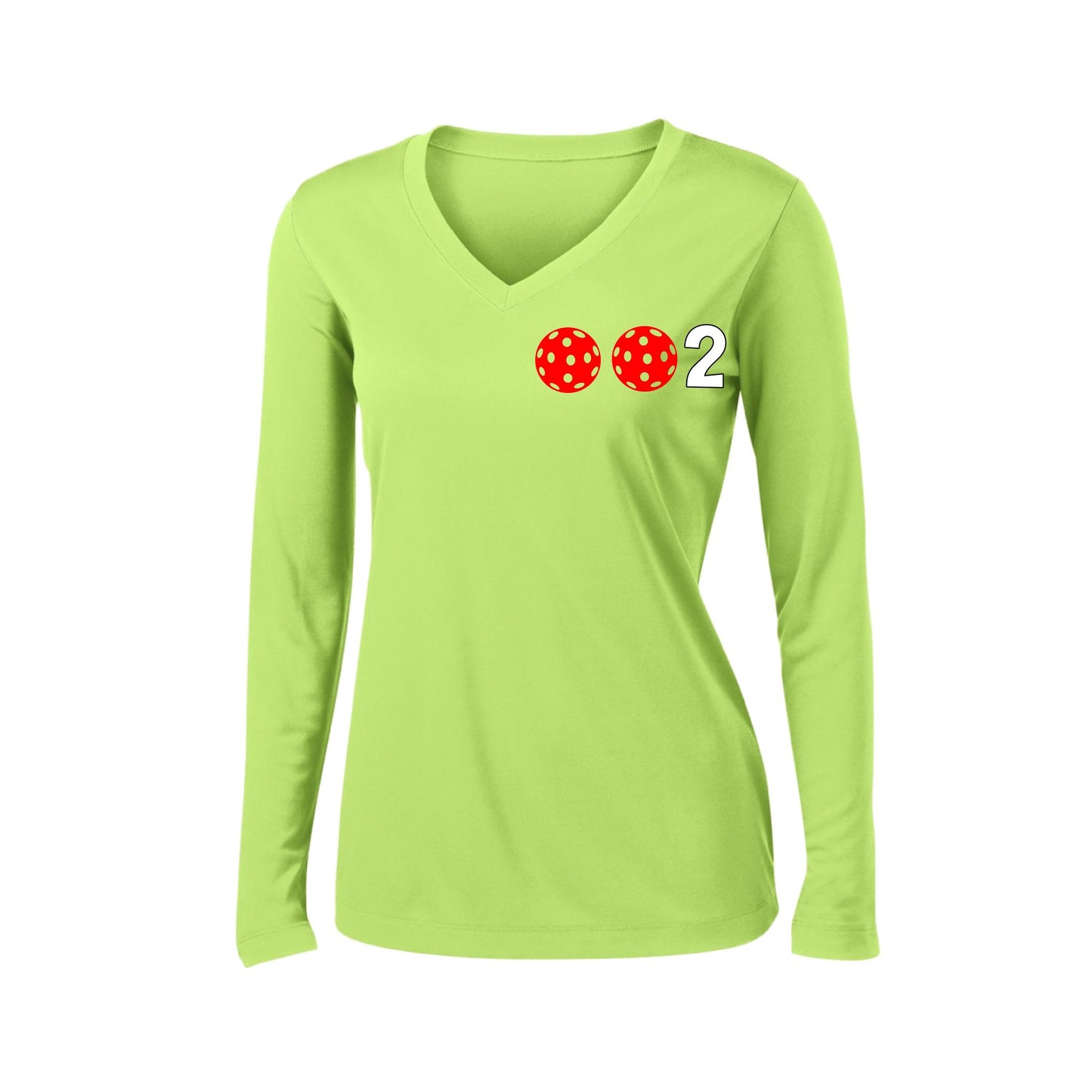 002 With Pickleballs (Colors Green Orange Red) Customizable | Women's Long Sleeve V-Neck Pickleball Performance T-Shirts | 100% Polyester