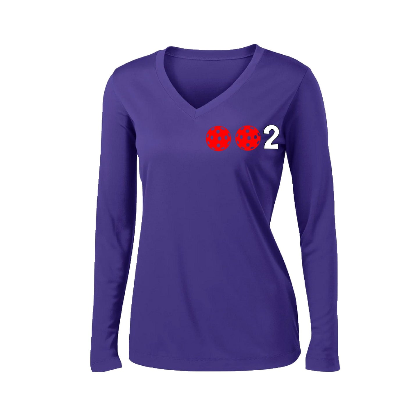 002 With Pickleballs (Colors Green Orange Red) Customizable | Women's Long Sleeve V-Neck Pickleball Performance T-Shirts | 100% Polyester