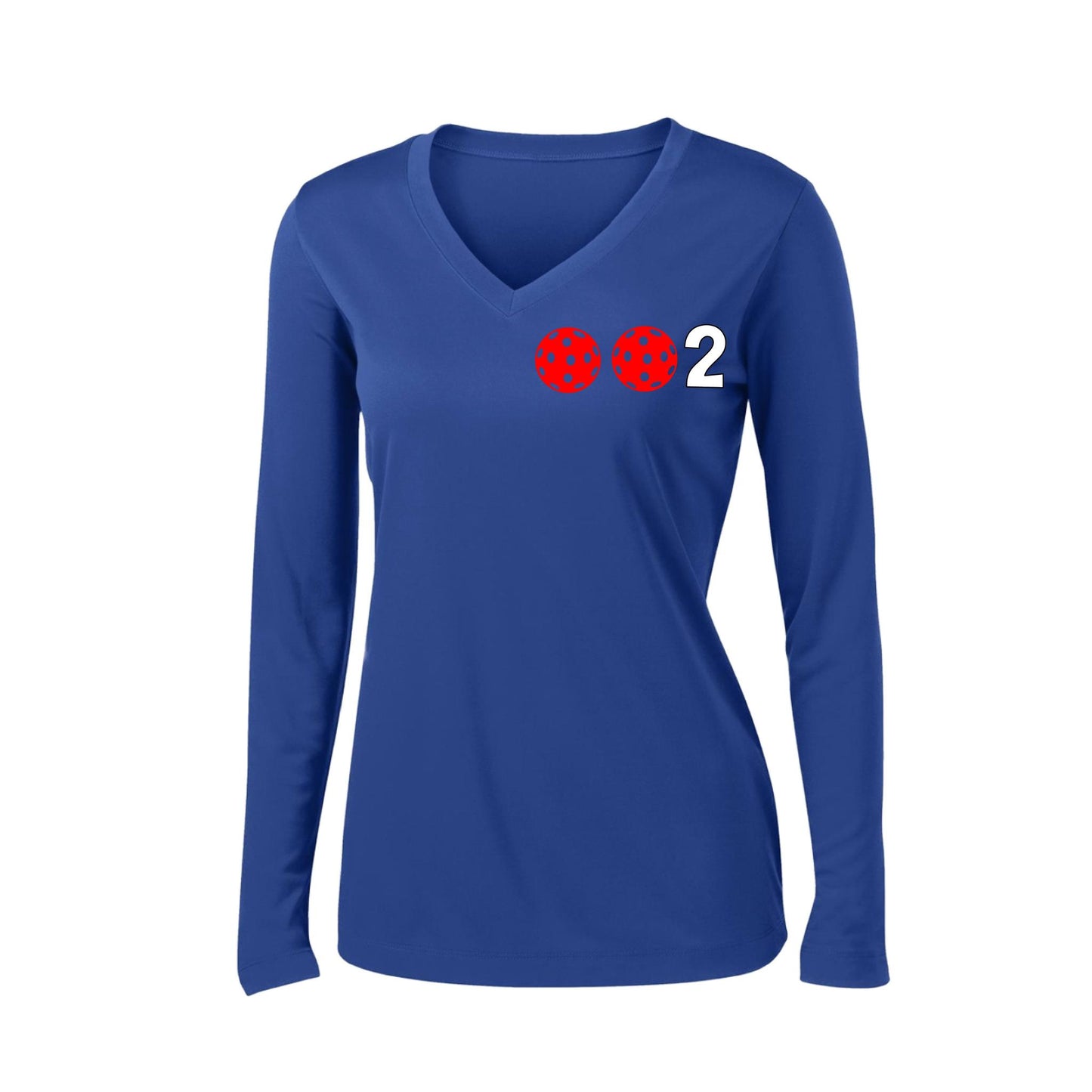 002 With Pickleballs (Colors Green Orange Red) Customizable | Women's Long Sleeve V-Neck Pickleball Performance T-Shirts | 100% Polyester