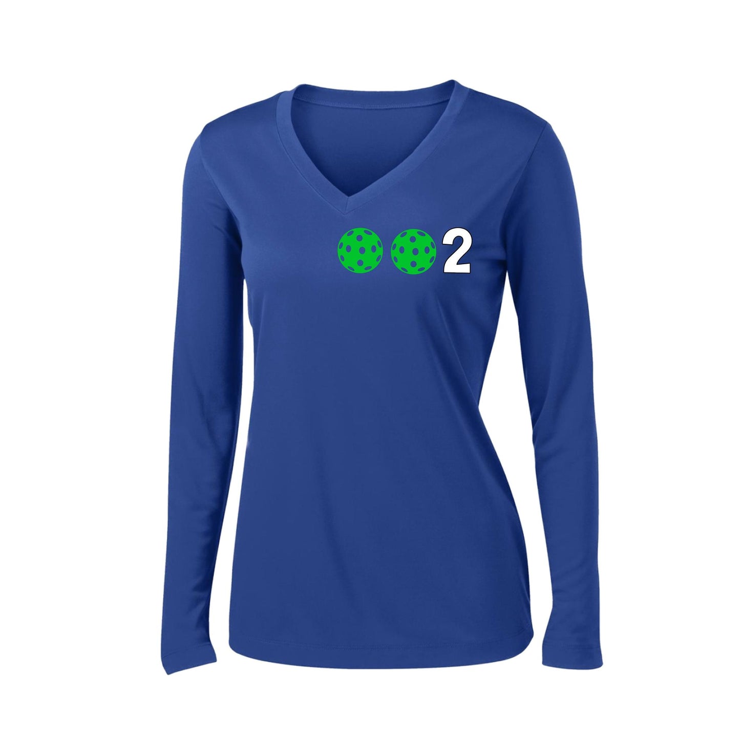 002 With Pickleballs (Colors Green Orange Red) Customizable | Women's Long Sleeve V-Neck Pickleball Performance T-Shirts | 100% Polyester