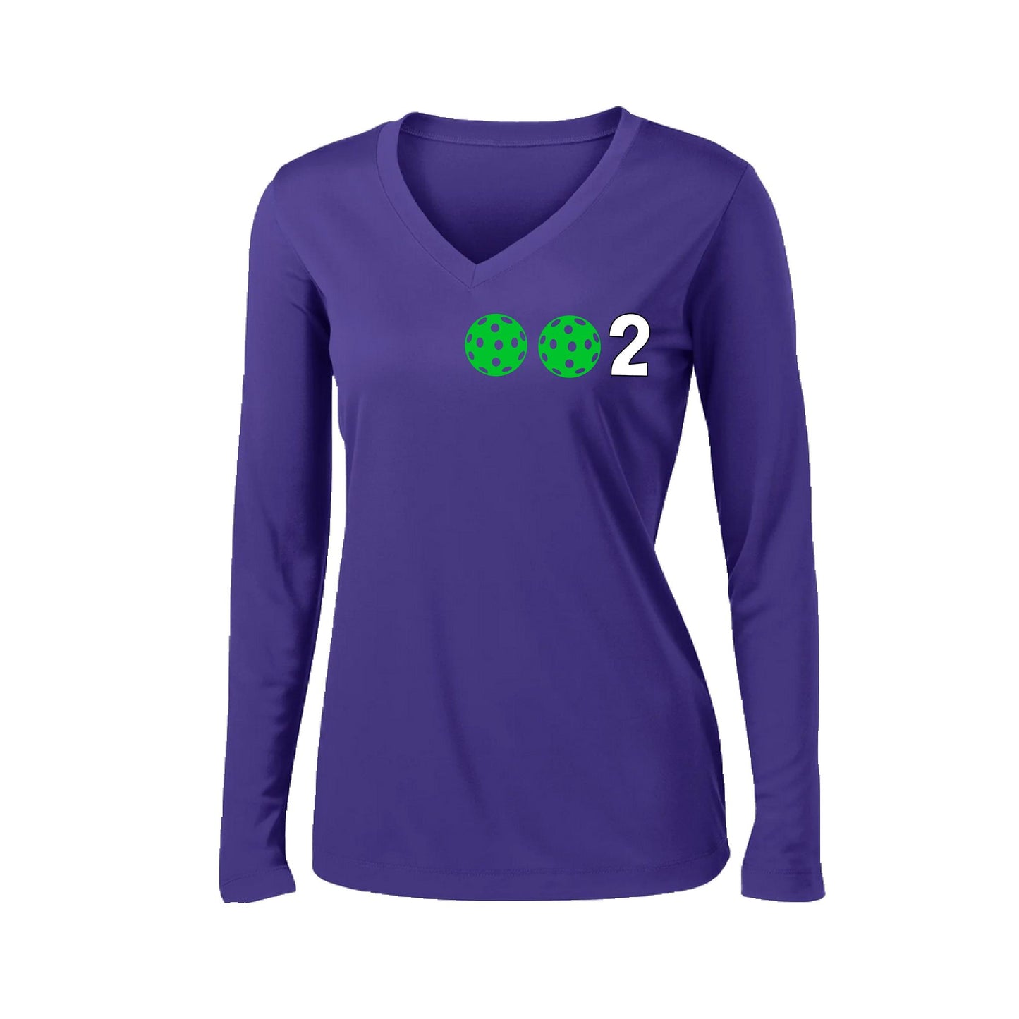 002 With Pickleballs (Colors Green Orange Red) Customizable | Women's Long Sleeve V-Neck Pickleball Performance T-Shirts | 100% Polyester