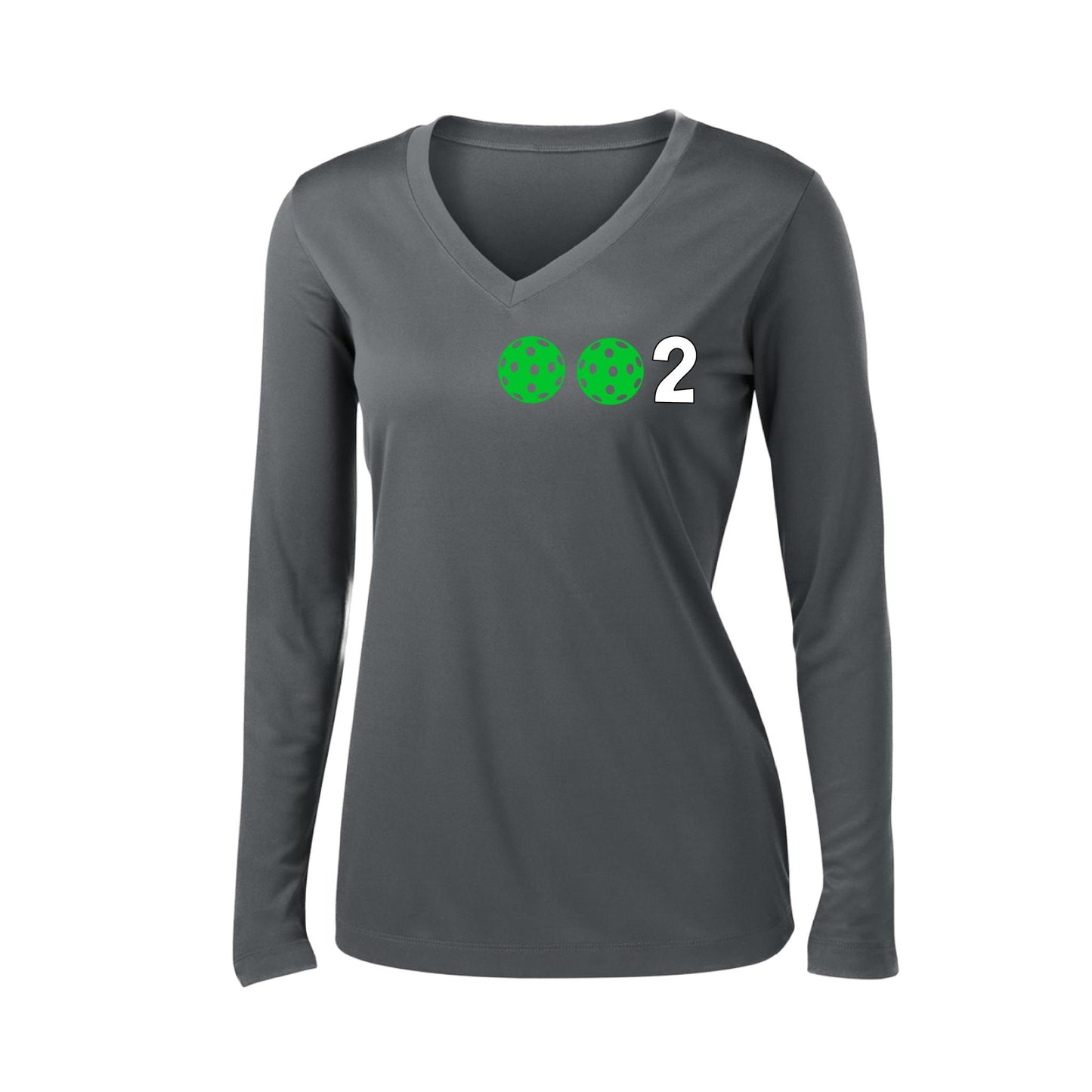 002 With Pickleballs (Colors Green Orange Red) Customizable | Women's Long Sleeve V-Neck Pickleball Performance T-Shirts | 100% Polyester