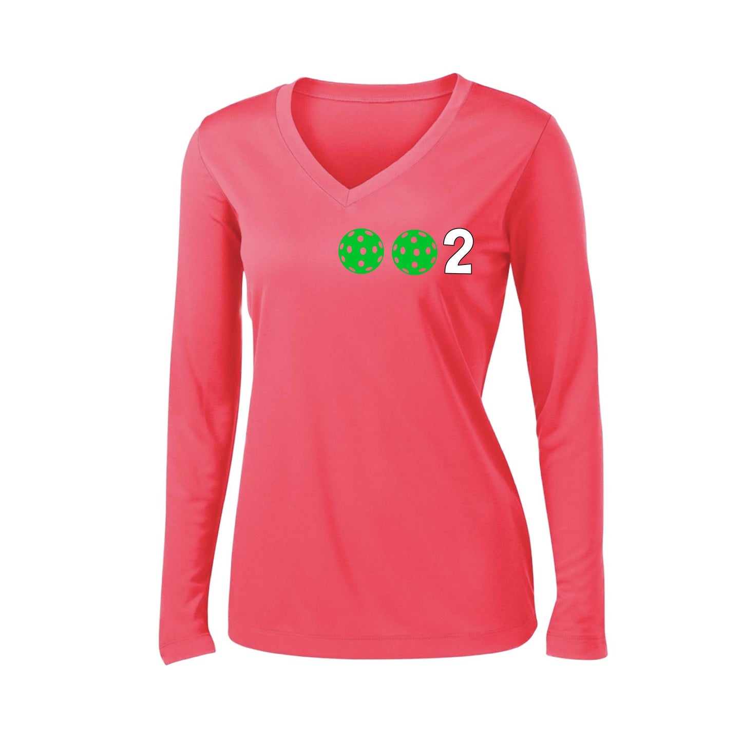 002 With Pickleballs (Colors Green Orange Red) Customizable | Women's Long Sleeve V-Neck Pickleball Performance T-Shirts | 100% Polyester