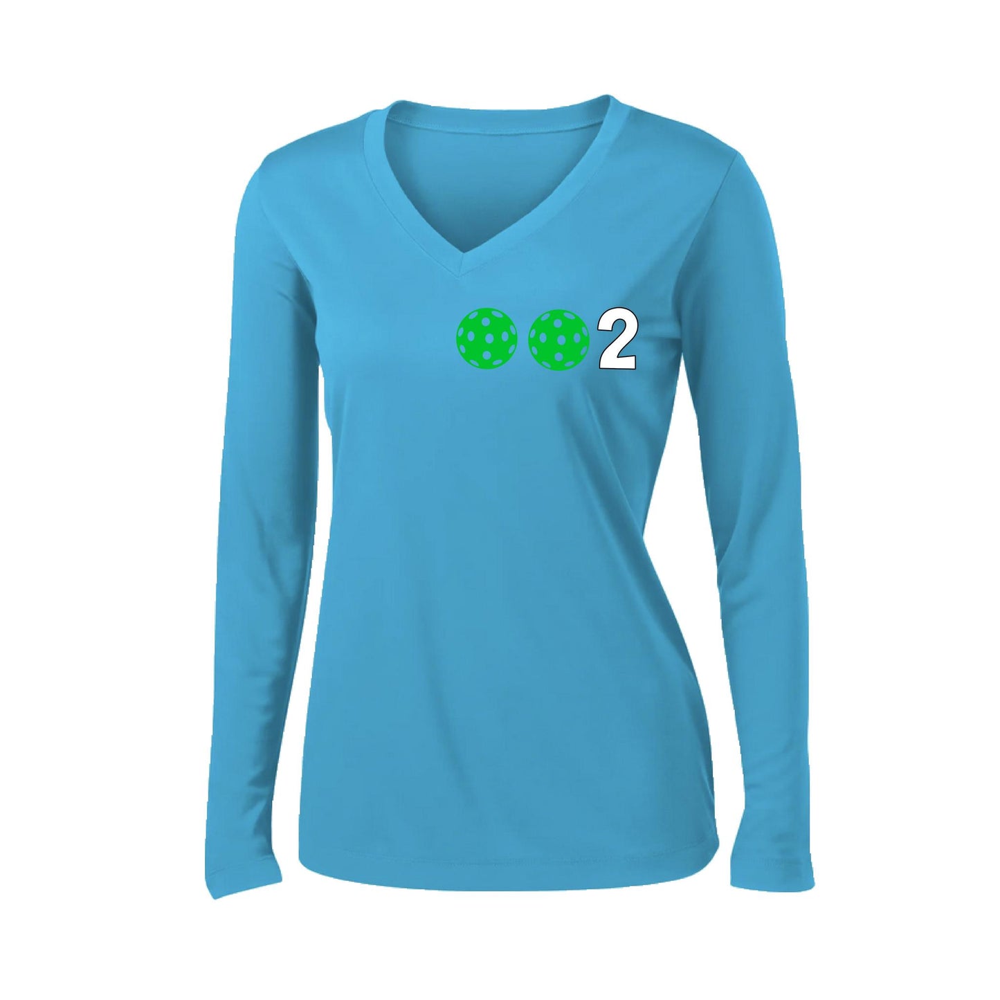 002 With Pickleballs (Colors Green Orange Red) Customizable | Women's Long Sleeve V-Neck Pickleball Performance T-Shirts | 100% Polyester