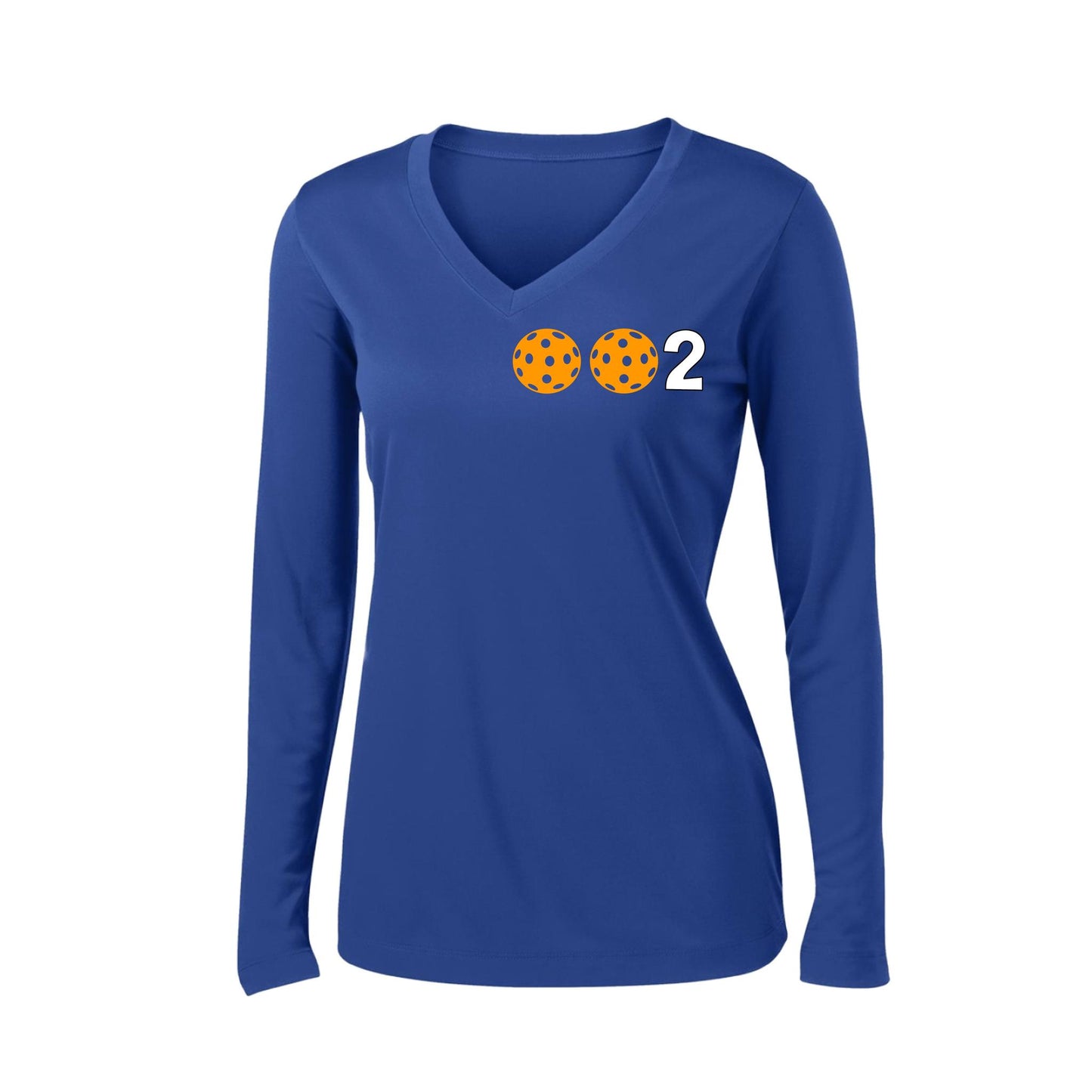 002 With Pickleballs (Colors Green Orange Red) Customizable | Women's Long Sleeve V-Neck Pickleball Performance T-Shirts | 100% Polyester