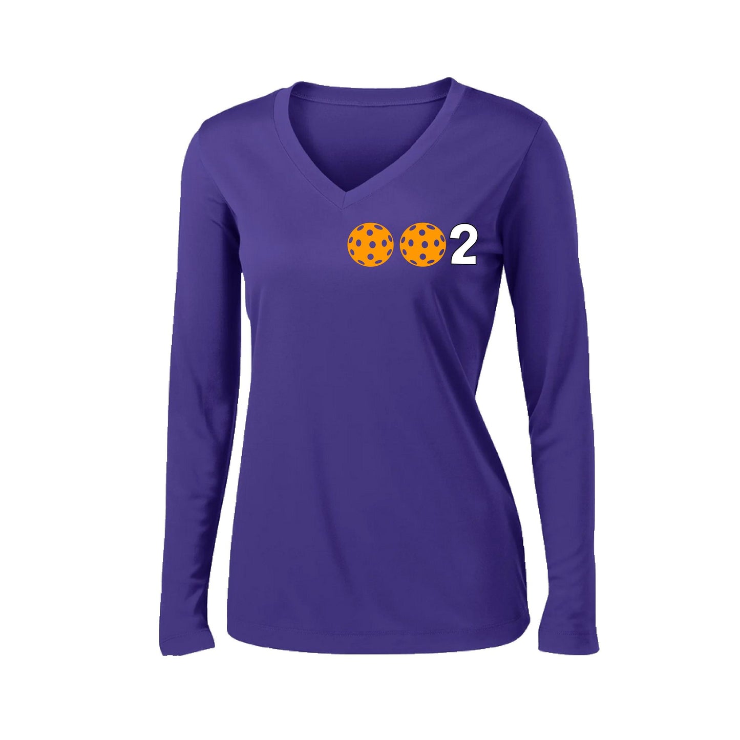 002 With Pickleballs (Colors Green Orange Red) Customizable | Women's Long Sleeve V-Neck Pickleball Performance T-Shirts | 100% Polyester