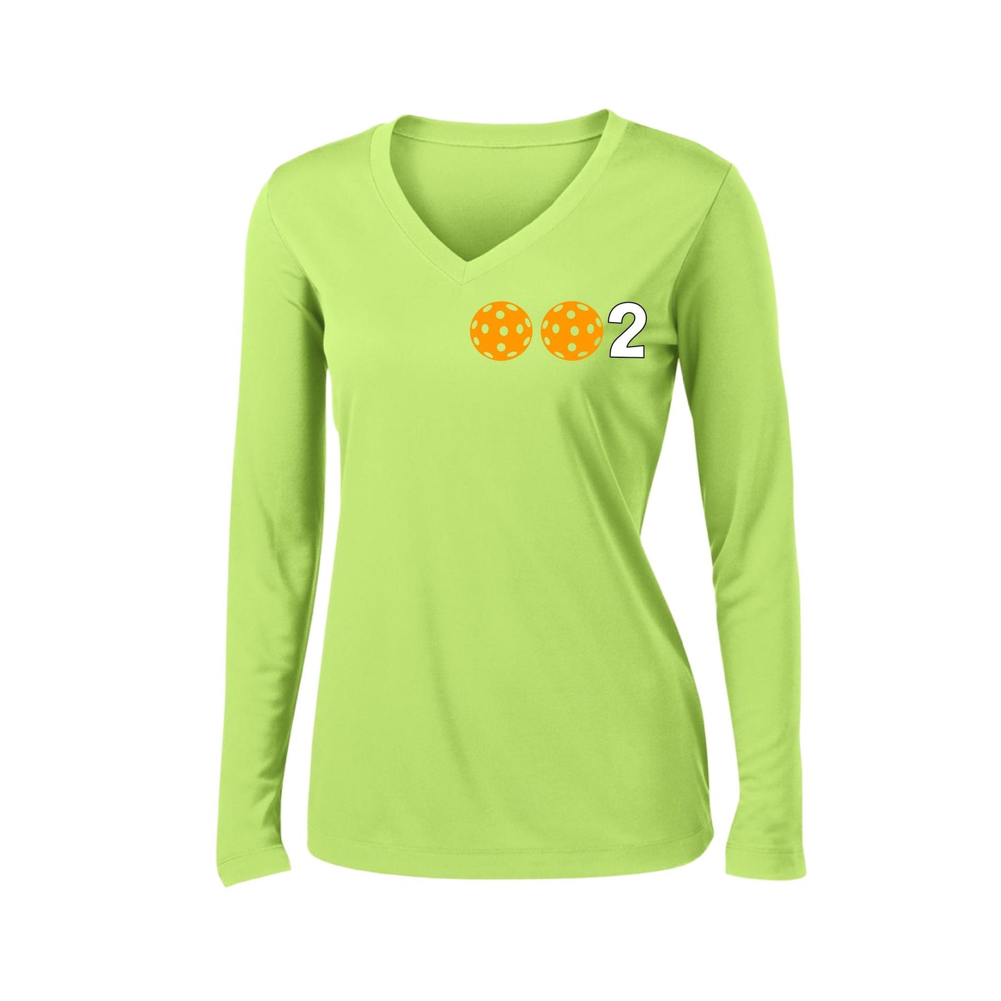 002 With Pickleballs (Colors Green Orange Red) Customizable | Women's Long Sleeve V-Neck Pickleball Performance T-Shirts | 100% Polyester