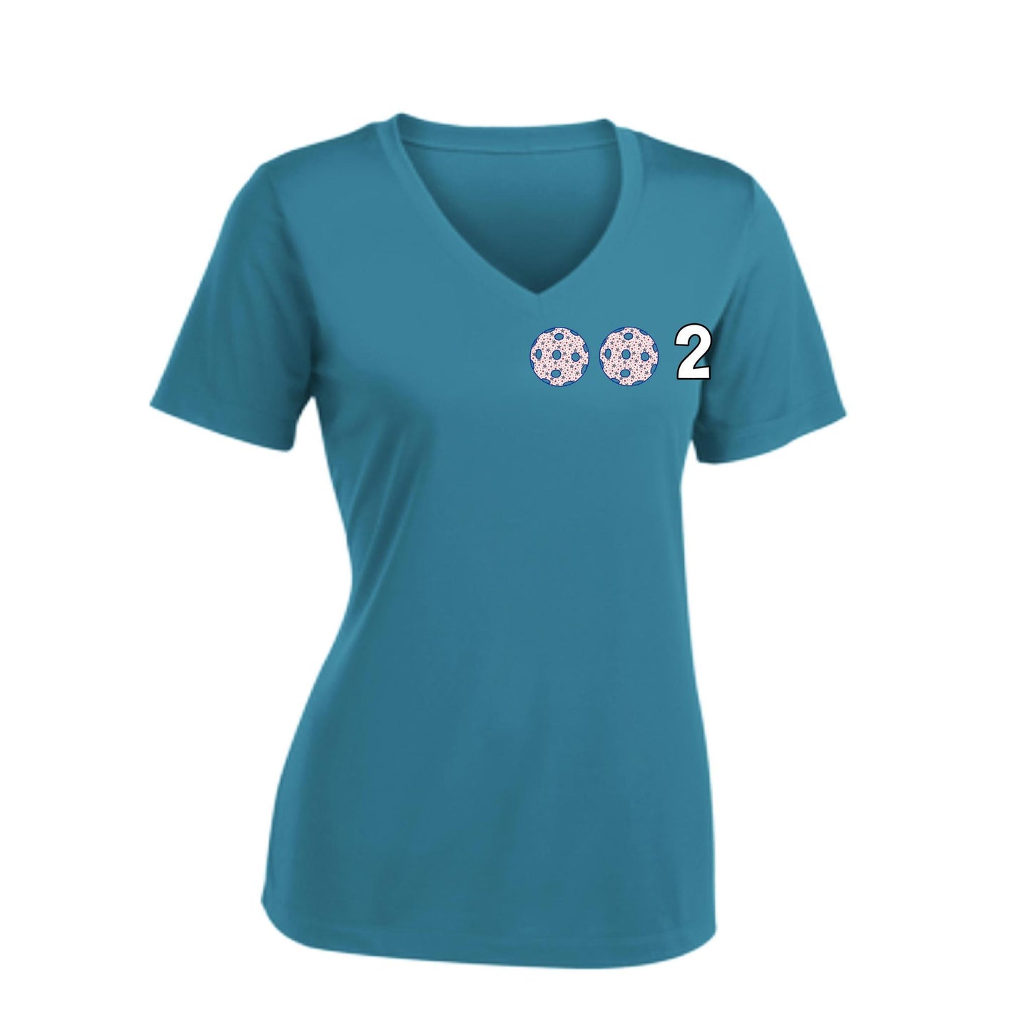 002 With Pickleballs (Colors Patriotic Stars) Customizable | Women's Short Sleeve V-Neck Pickleball Performance T-Shirts | 100% Polyester