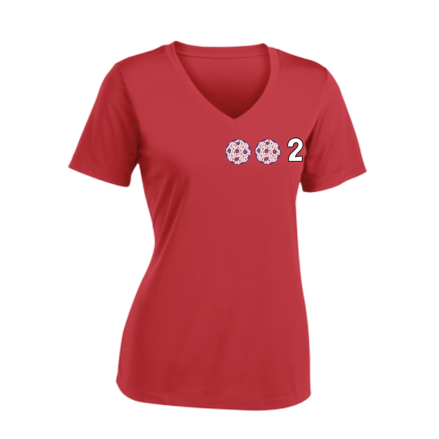 002 With Pickleballs (Colors Patriotic Stars) Customizable | Women's Short Sleeve V-Neck Pickleball Performance T-Shirts | 100% Polyester