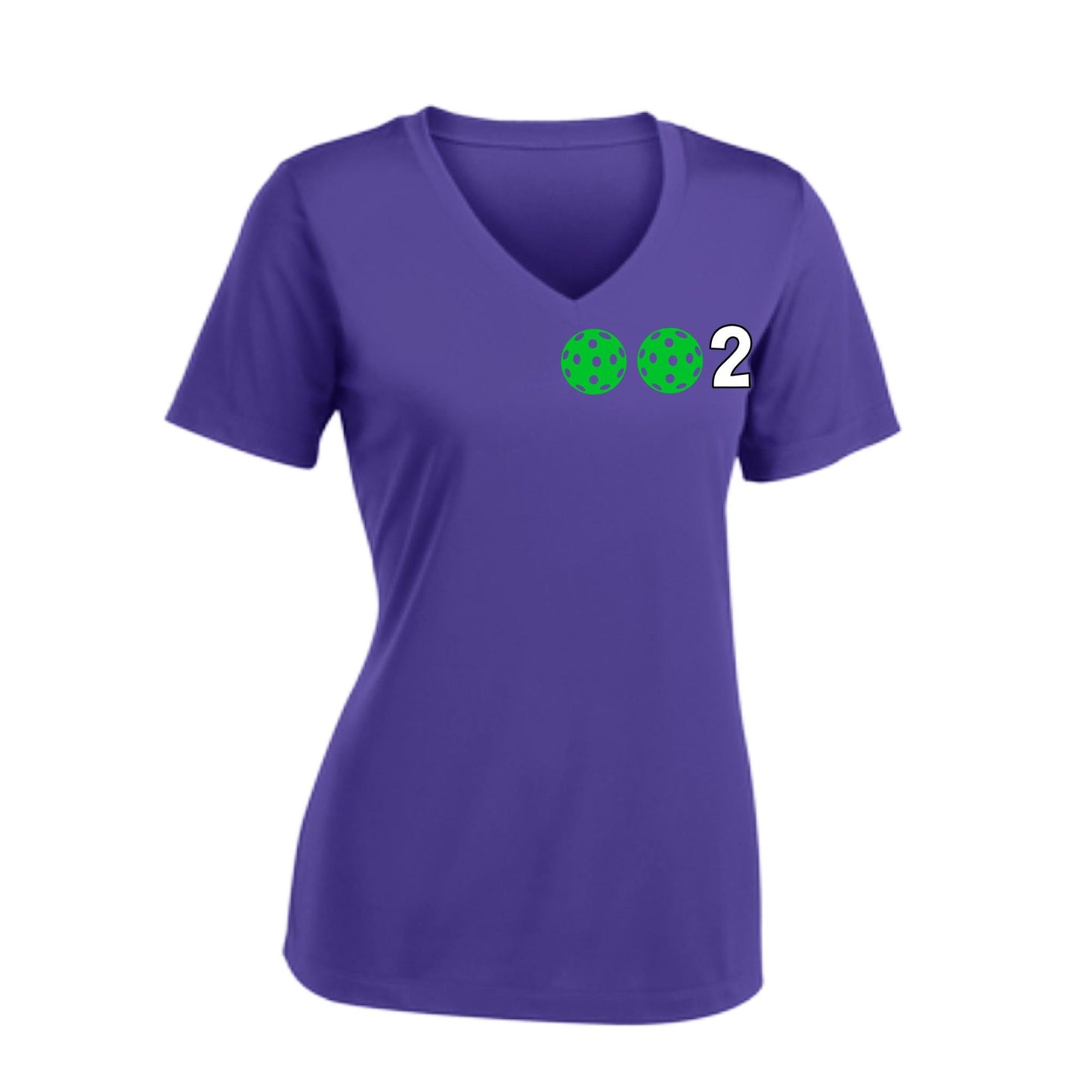 002 With Pickleballs (Colors Purple Green Orange) Customizable | Women's Short Sleeve V-Neck Pickleball Performance T-Shirts | 100% Polyester