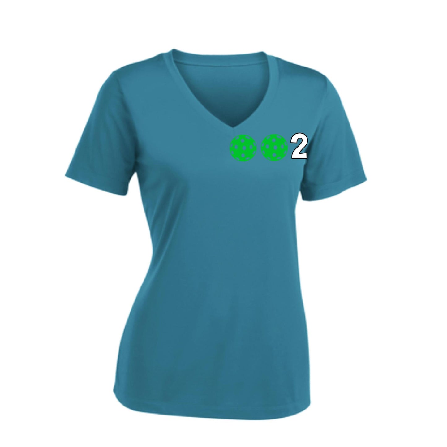 002 With Pickleballs (Colors Purple Green Orange) Customizable | Women's Short Sleeve V-Neck Pickleball Performance T-Shirts | 100% Polyester
