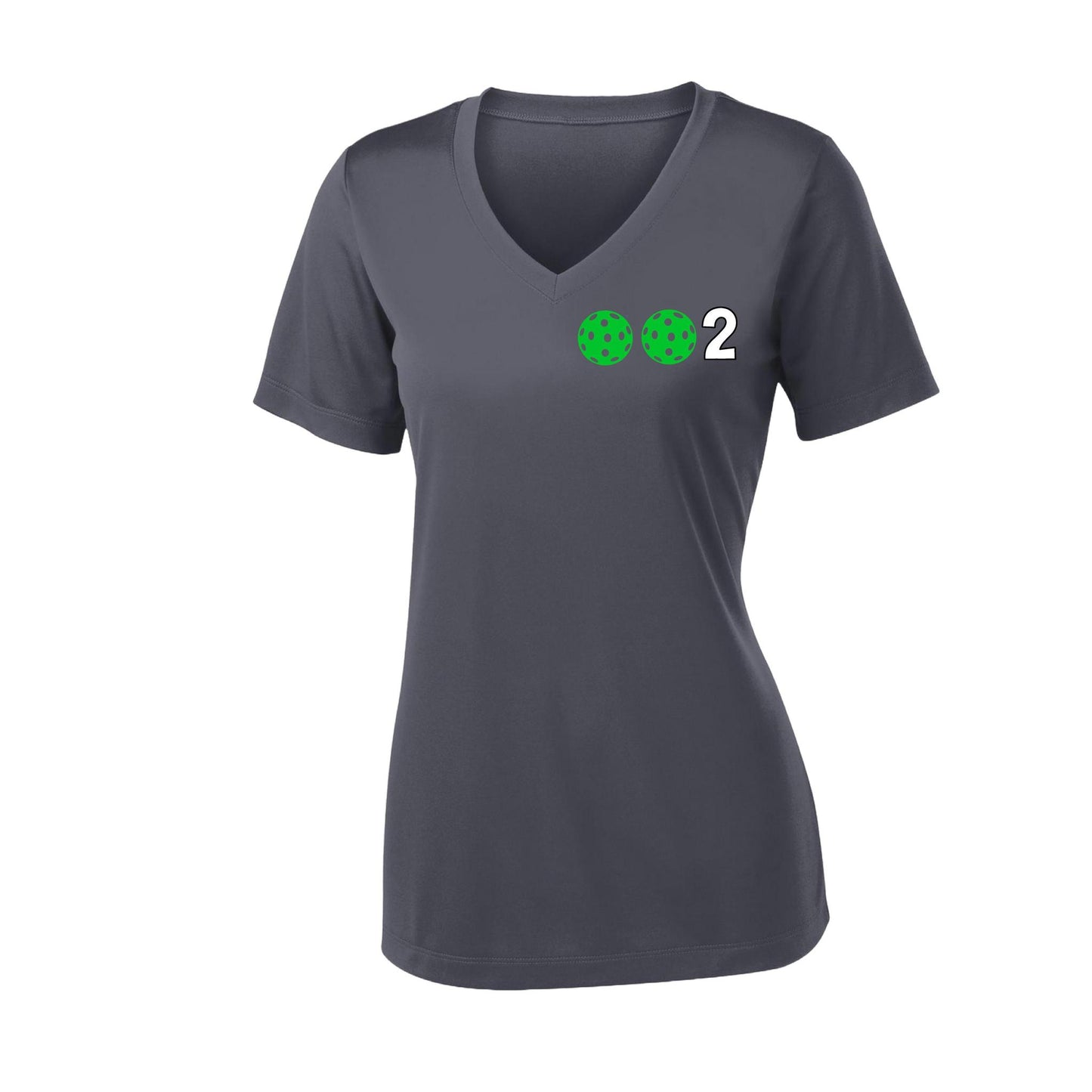 002 With Pickleballs (Colors Purple Green Orange) Customizable | Women's Short Sleeve V-Neck Pickleball Performance T-Shirts | 100% Polyester