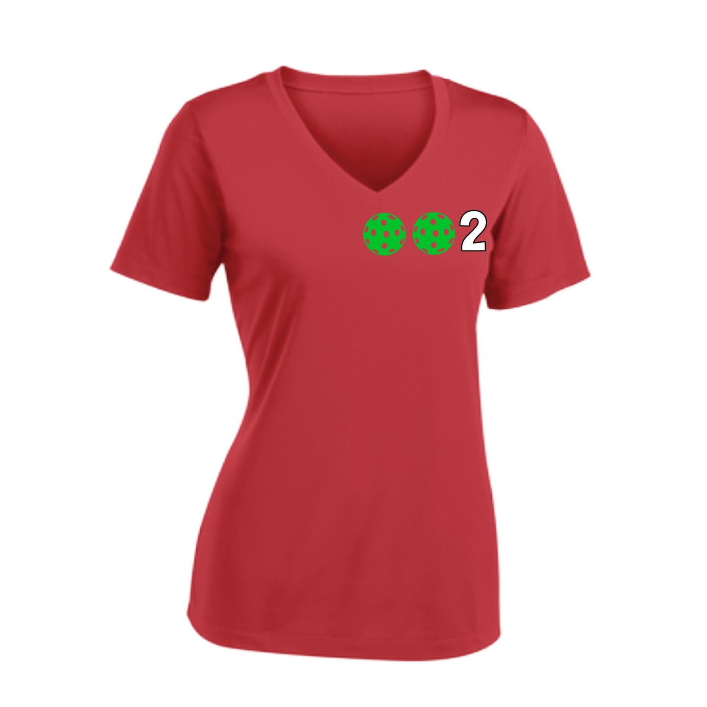 002 With Pickleballs (Colors Purple Green Orange) Customizable | Women's Short Sleeve V-Neck Pickleball Performance T-Shirts | 100% Polyester