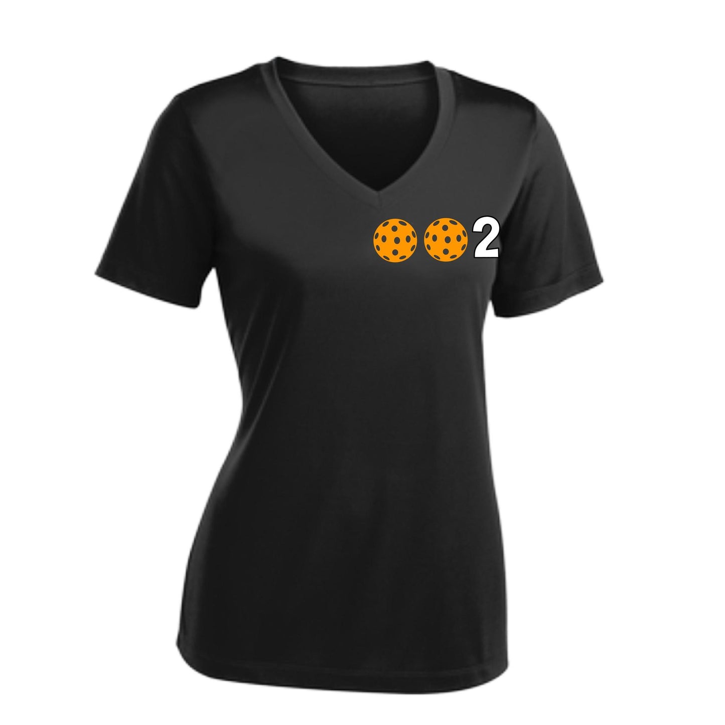 002 With Pickleballs (Colors Purple Green Orange) Customizable | Women's Short Sleeve V-Neck Pickleball Performance T-Shirts | 100% Polyester