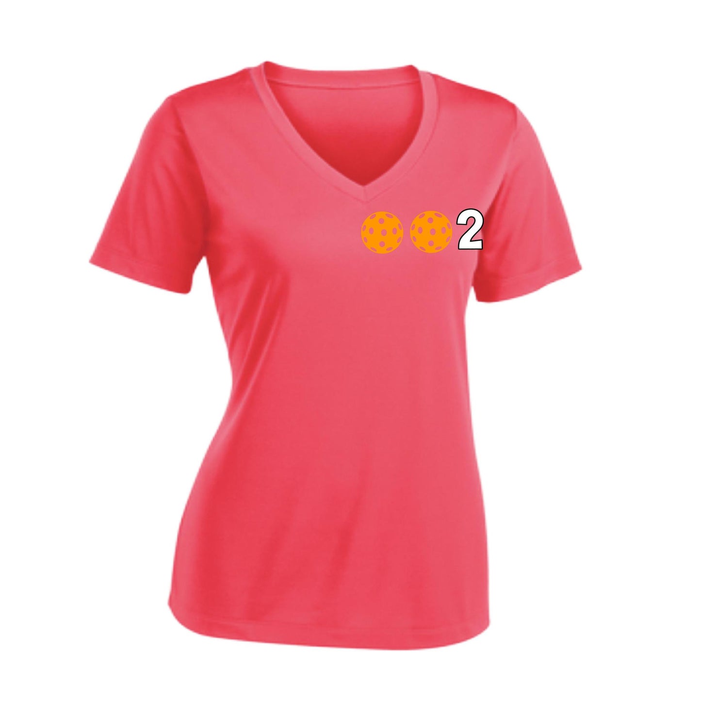 002 With Pickleballs (Colors Purple Green Orange) Customizable | Women's Short Sleeve V-Neck Pickleball Performance T-Shirts | 100% Polyester