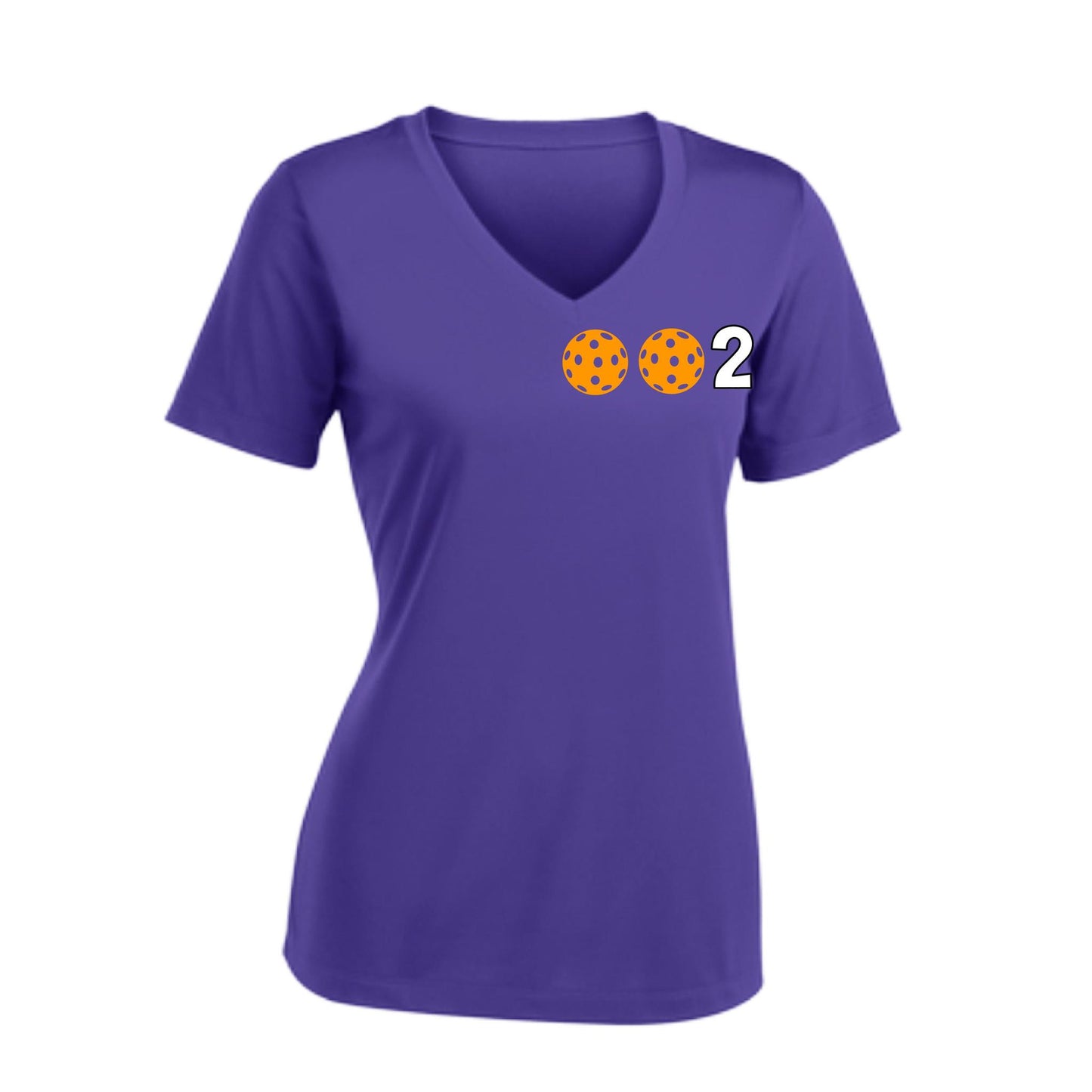 002 With Pickleballs (Colors Purple Green Orange) Customizable | Women's Short Sleeve V-Neck Pickleball Performance T-Shirts | 100% Polyester