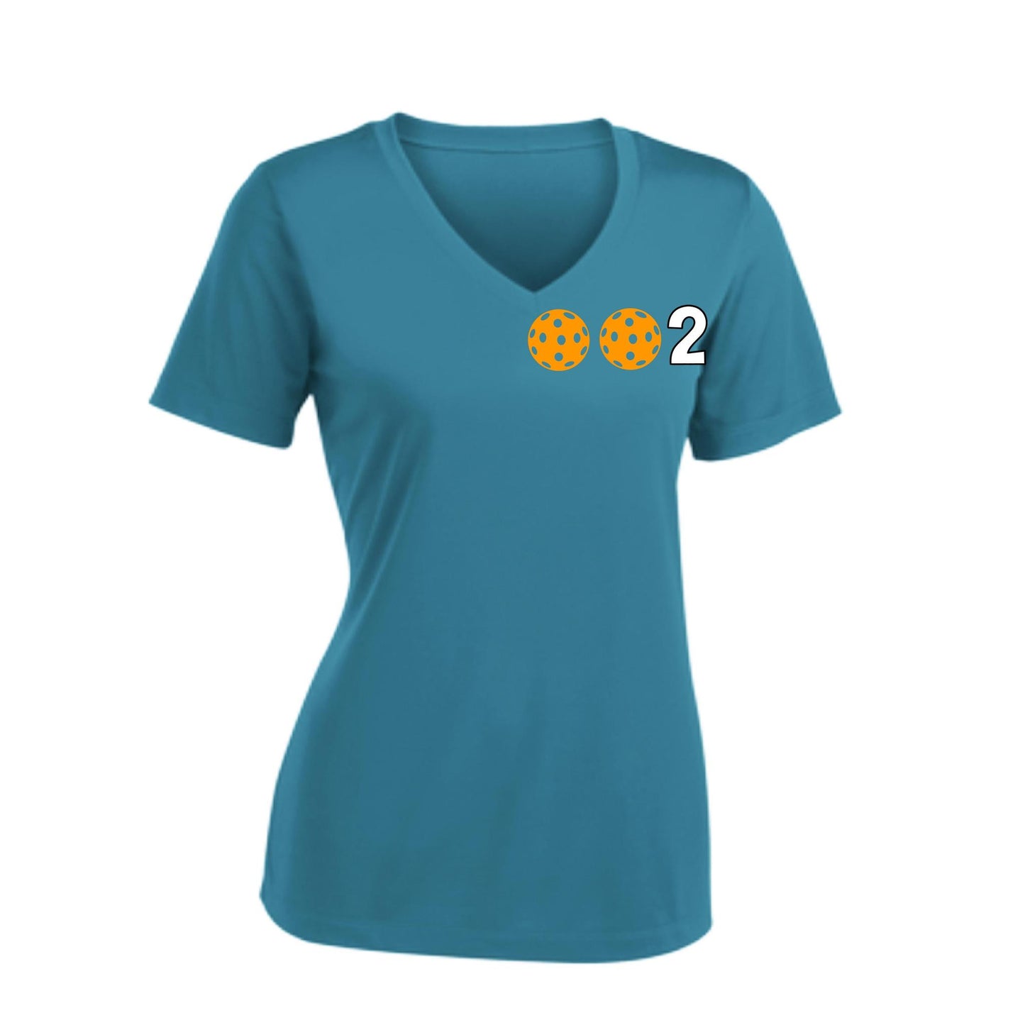 002 With Pickleballs (Colors Purple Green Orange) Customizable | Women's Short Sleeve V-Neck Pickleball Performance T-Shirts | 100% Polyester