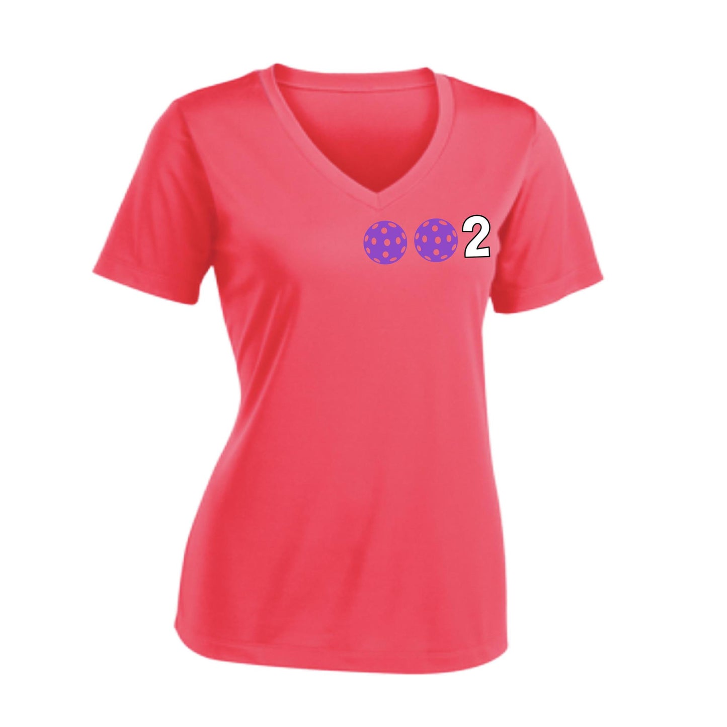 002 With Pickleballs (Colors Purple Green Orange) Customizable | Women's Short Sleeve V-Neck Pickleball Performance T-Shirts | 100% Polyester