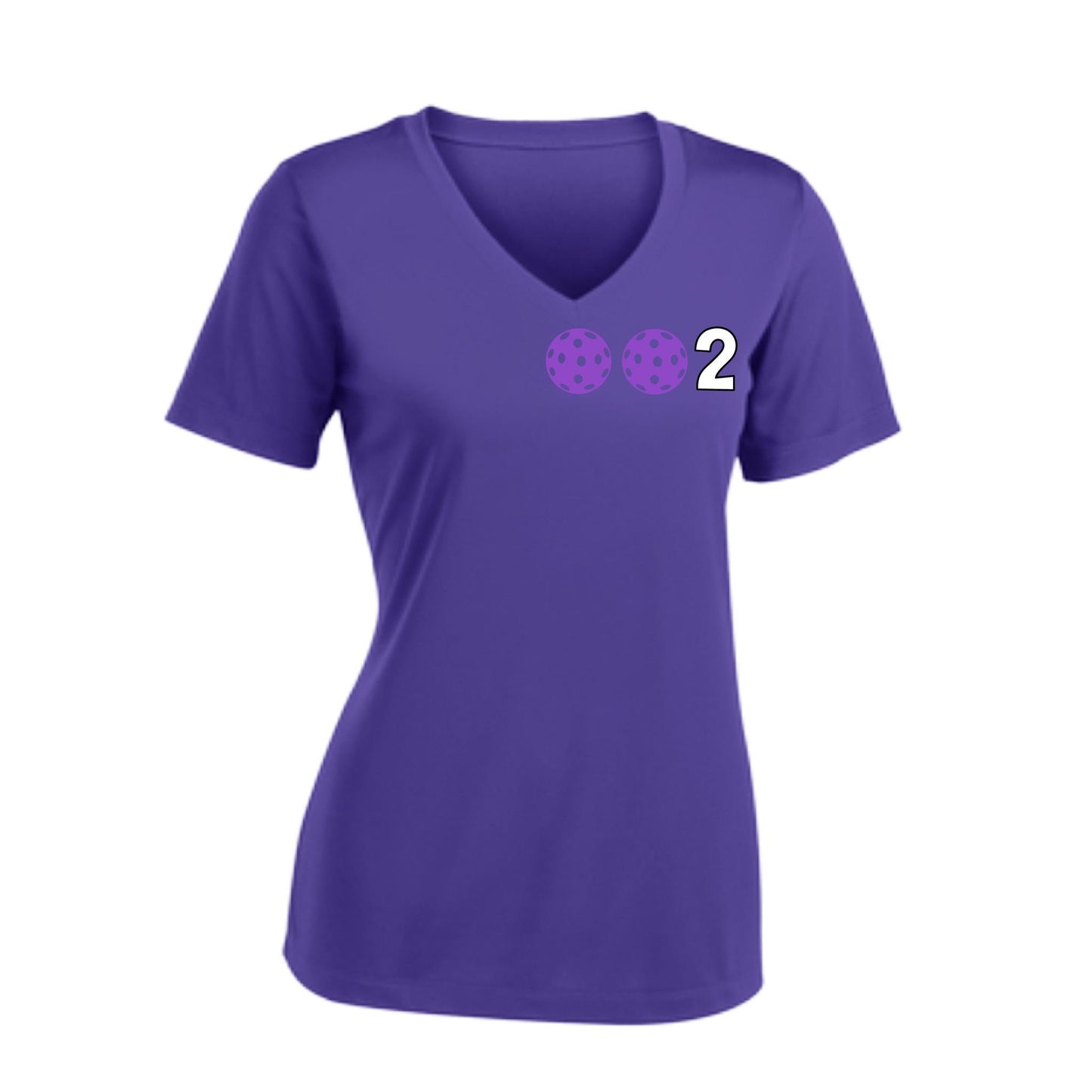002 With Pickleballs (Colors Purple Green Orange) Customizable | Women's Short Sleeve V-Neck Pickleball Performance T-Shirts | 100% Polyester