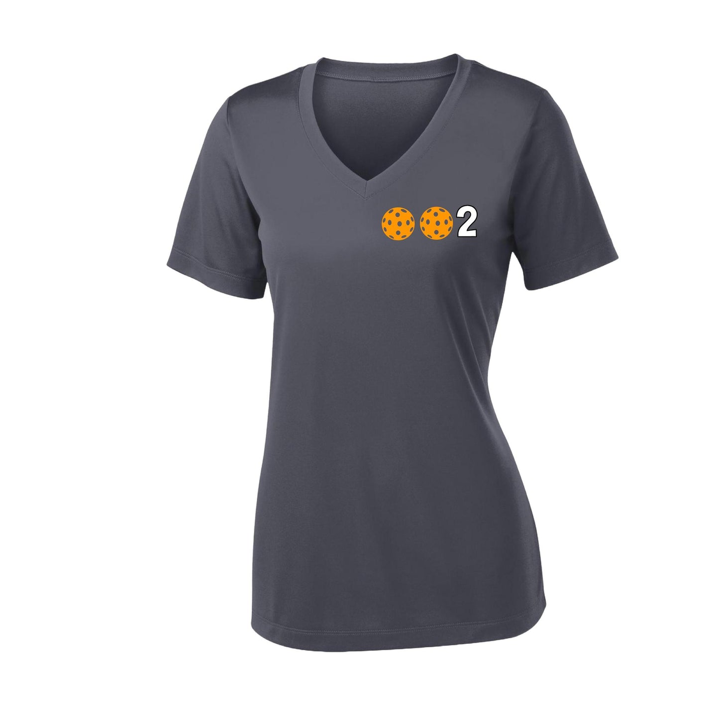 002 With Pickleballs (Colors Purple Green Orange) Customizable | Women's Short Sleeve V-Neck Pickleball Performance T-Shirts | 100% Polyester