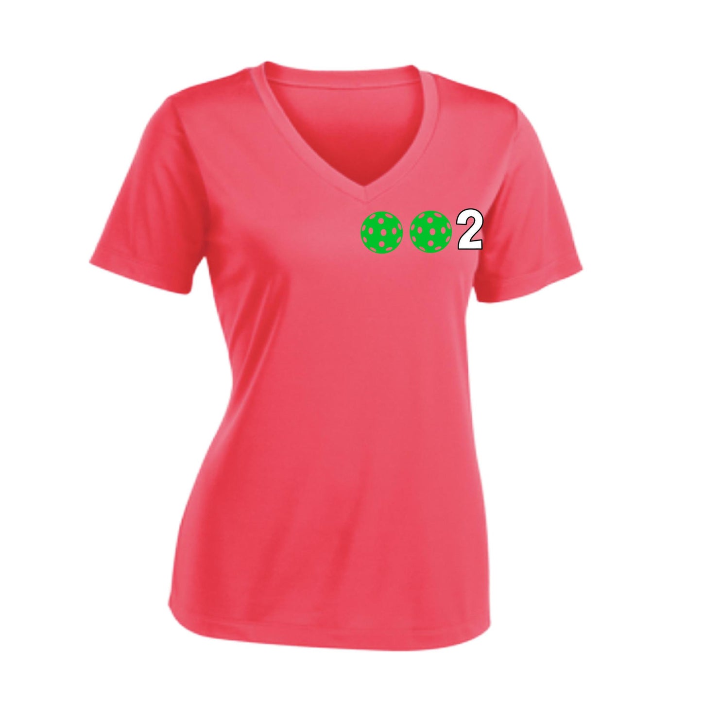 002 With Pickleballs (Colors Purple Green Orange) Customizable | Women's Short Sleeve V-Neck Pickleball Performance T-Shirts | 100% Polyester