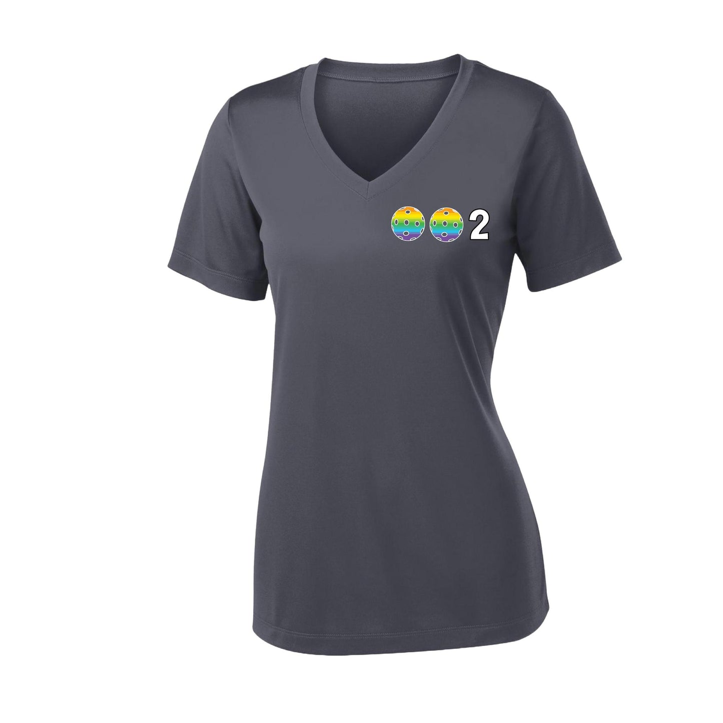 002 With Pickleballs (Colors Rainbow Red Cyan) Customizable | Women's Short Sleeve V-Neck Pickleball Performance T-Shirts | 100% Polyester