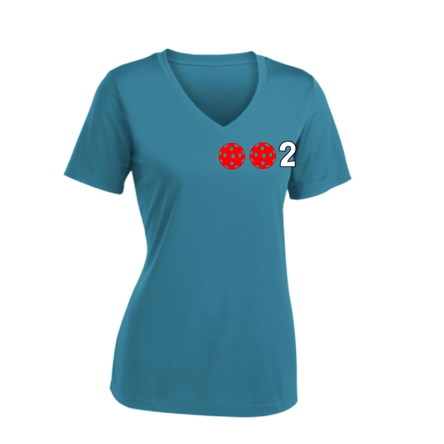 002 With Pickleballs (Colors Rainbow Red Cyan) Customizable | Women's Short Sleeve V-Neck Pickleball Performance T-Shirts | 100% Polyester